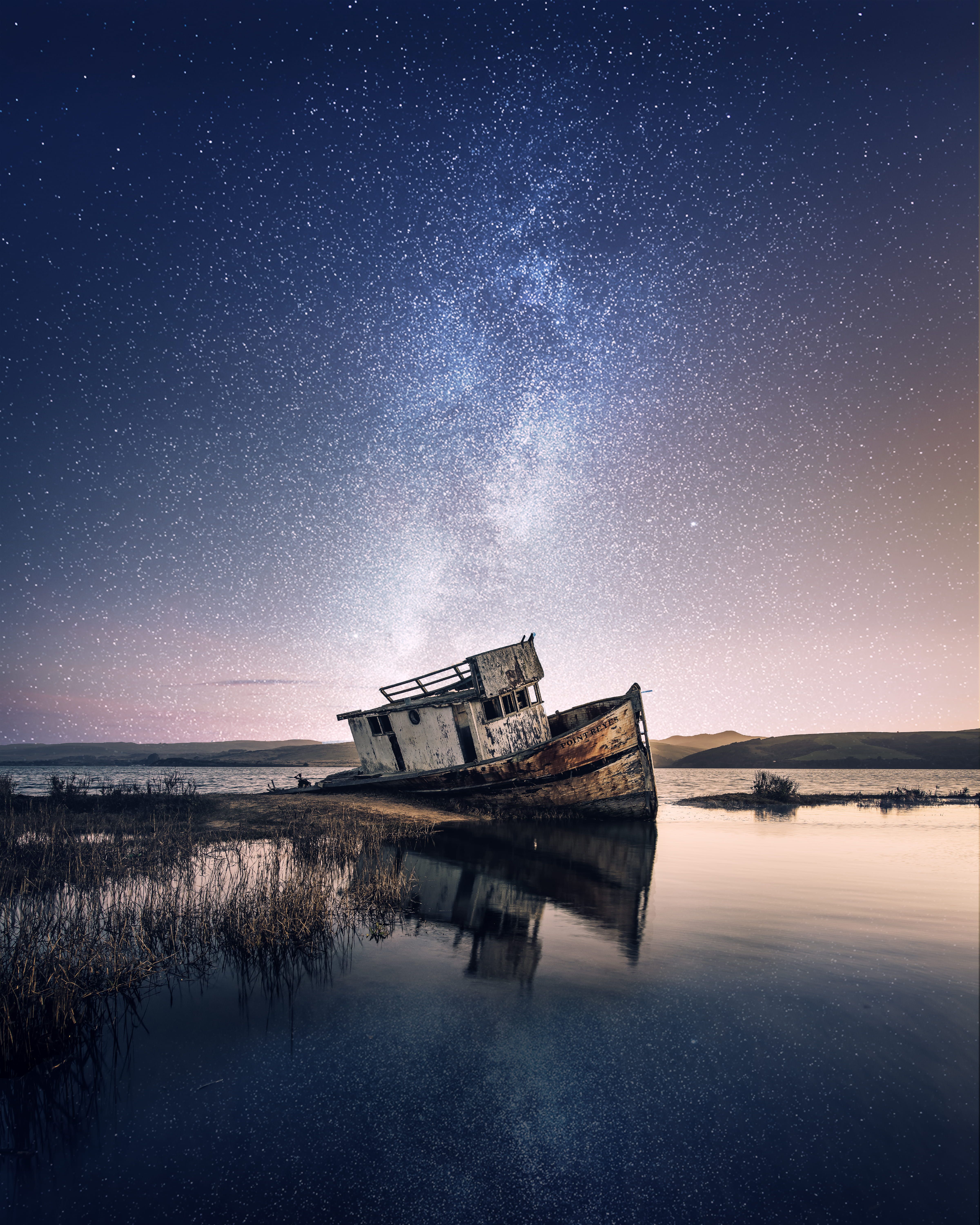 Wrecked Ship on Body of Water With Galaxy Background #abandoned #beach #boat #clouds #evening #grass #landscape #oc. Galaxy background, Boat wallpaper, Background