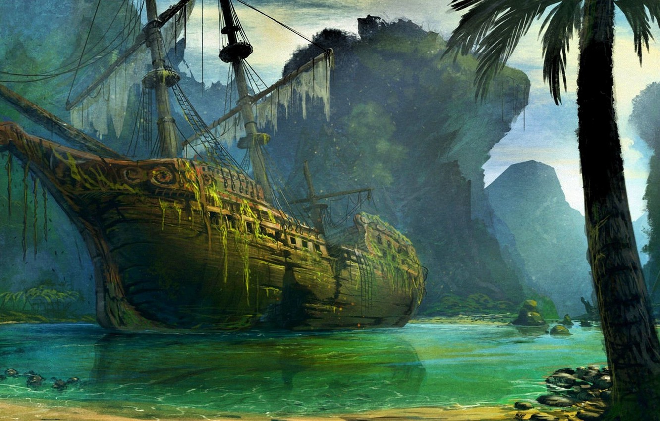 Wallpaper algae, Palma, ship, Bay, abandoned, shipwreck, mysterious, mast, torn sails, rocky shore image for desktop, section фантастика