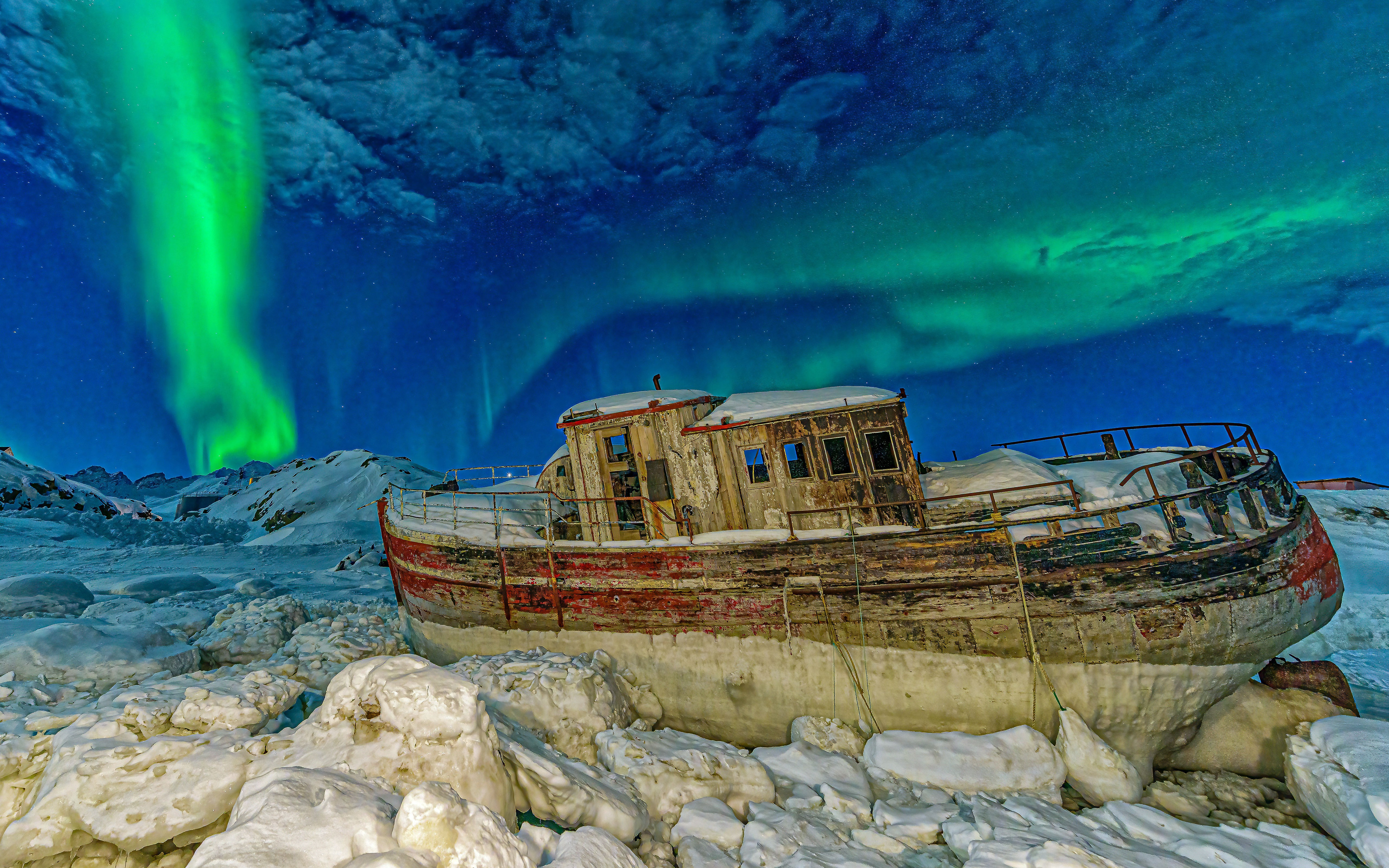 Crop Greenland Wallpaper for Free, Aurora Borealis, Scenery, Abandoned Ship HD Background