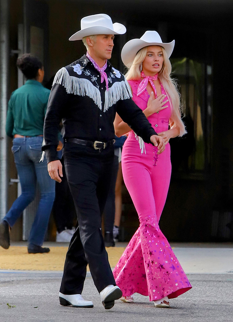 Margot Robbie Channels Barbie in Starry Pink Pants in Movie Set Photo