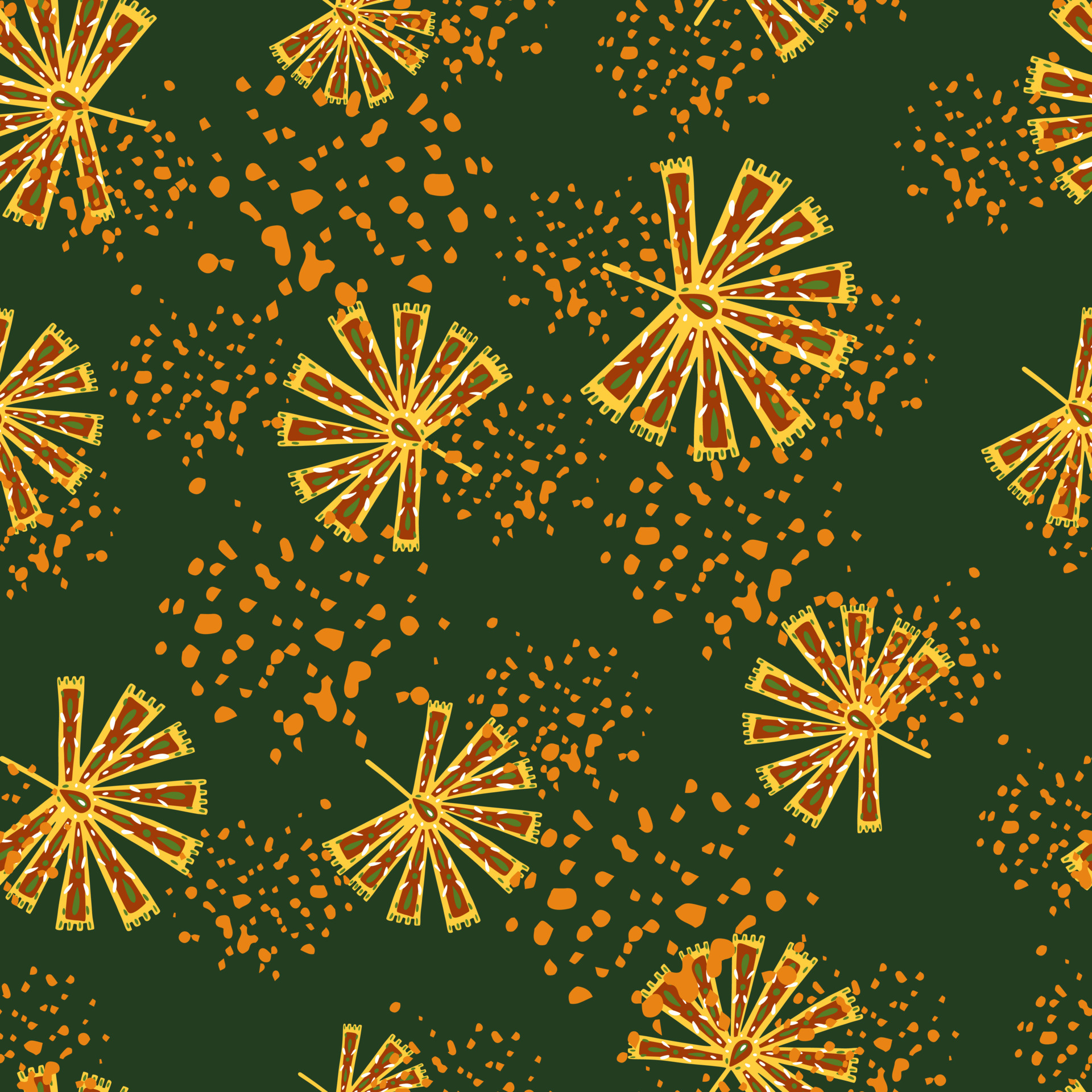 Spring abstract seamless pattern with random orange folk licuala palm ornament. Green background