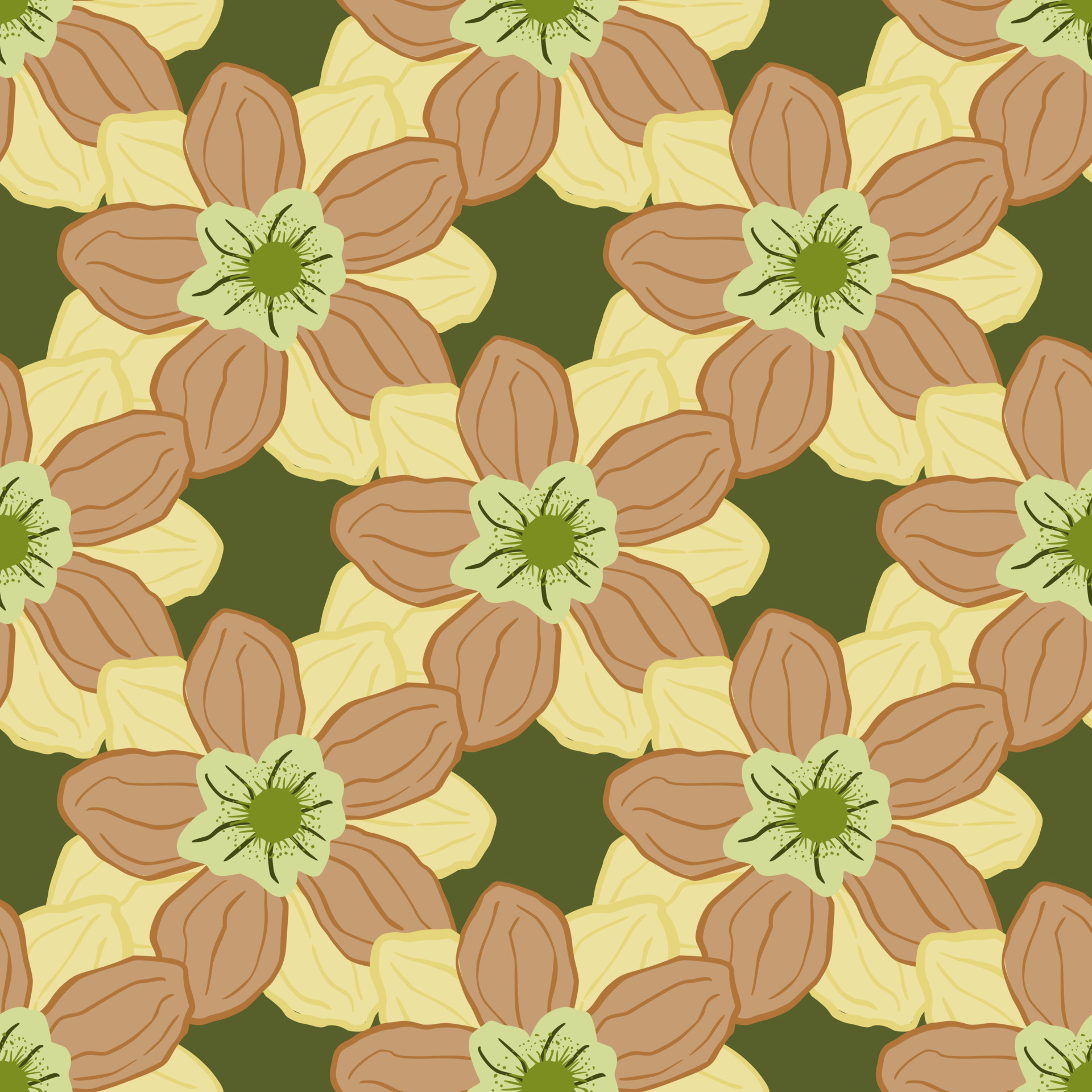 Spring style seamless pattern with light orange anemone buds print. Green background. Floral backdrop