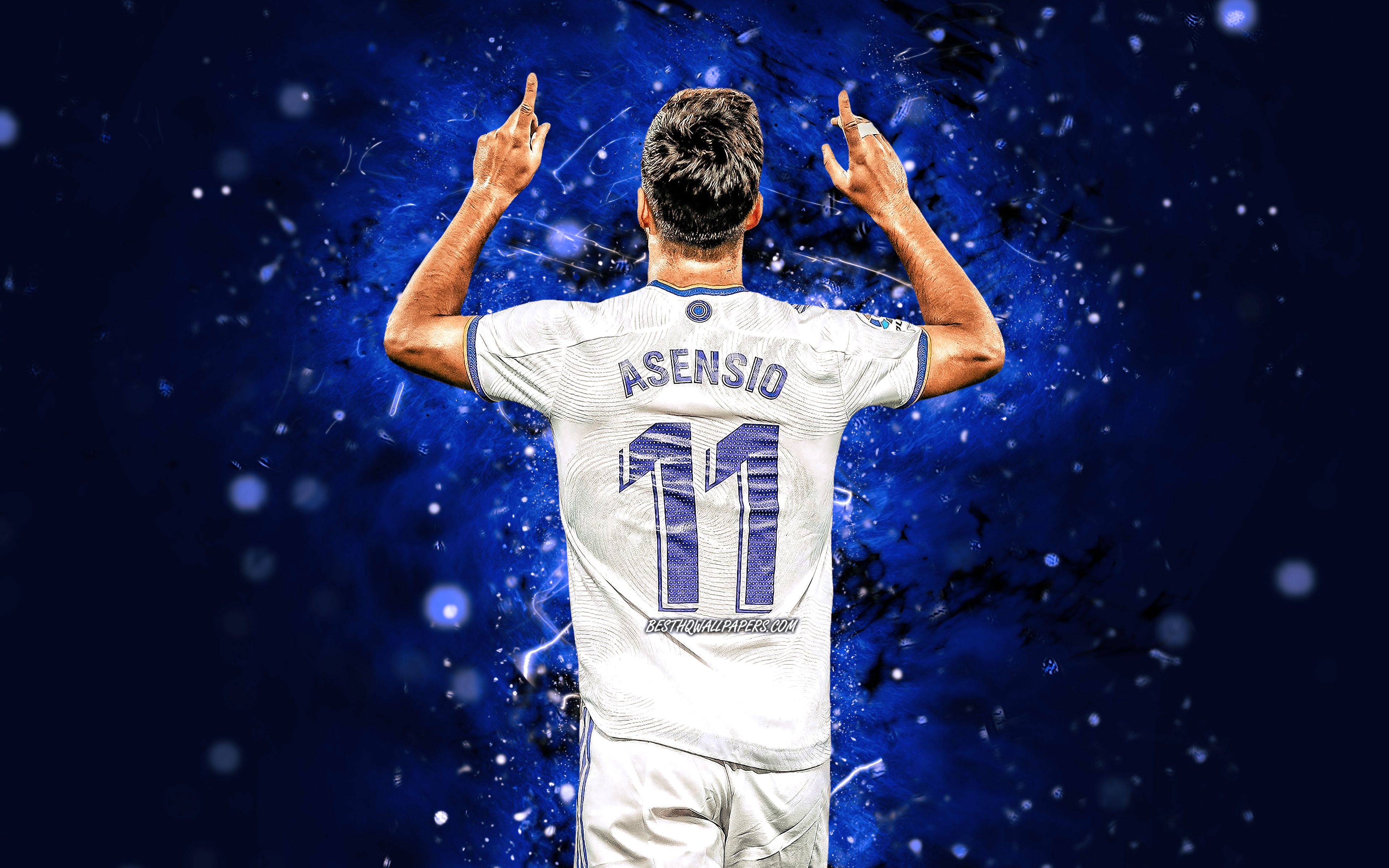 Download wallpaper Marco Asensio, back view, 4k, Real Madrid FC, blue neon lights, spanish footballers, La Liga, Marco Asensio Willemsen, soccer, football, Real Madrid CF, LaLiga, Marco Asensio Real Madrid, Marco Asensio