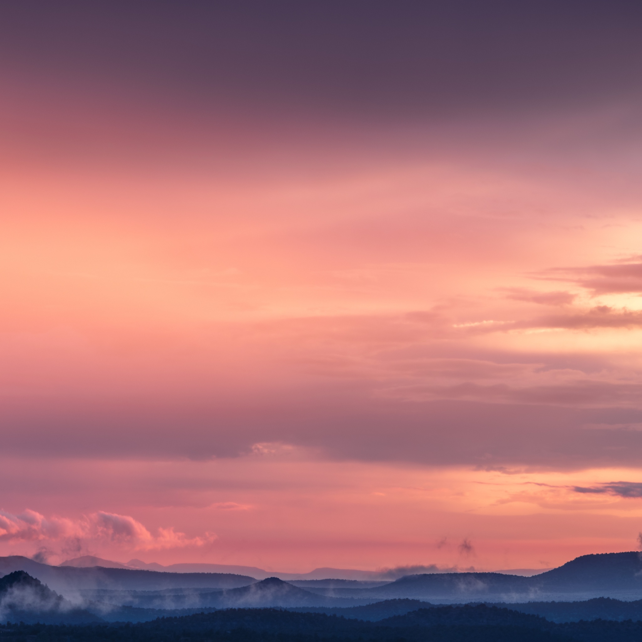 Pink sky Wallpaper 4K, Sunset, Mountains, Landscape, Fog, Clouds, Dusk, Nature