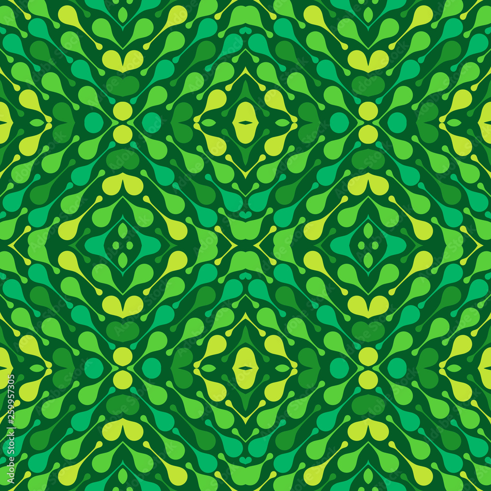 Colorful drops on dark green background. Spring abstract vector seamless pattern for textile, prints, wallpaper etc. Available in EPS format. Stock Vector