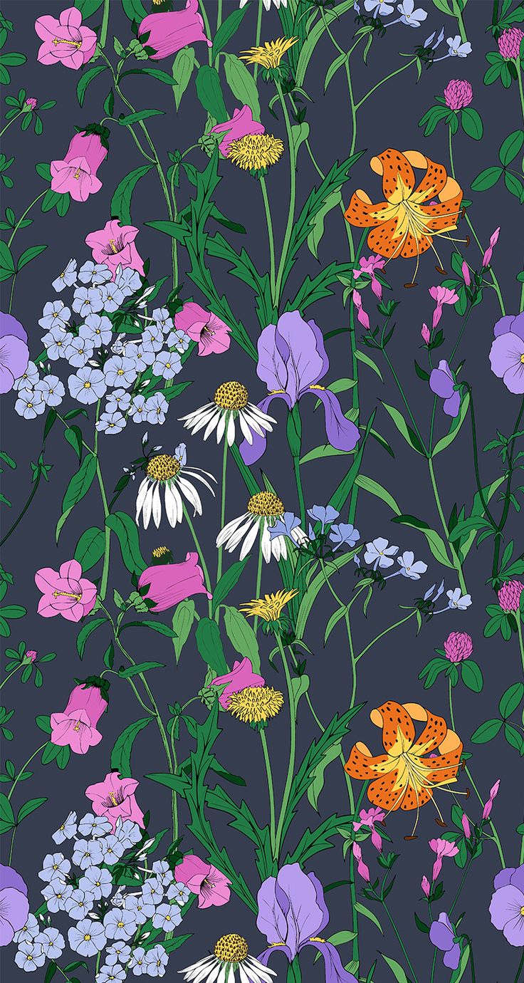 Floral pattern of irises, lilies, clover, daisies and other flowers. Seamless vector pattern. Retro art prints, Cherry blossom wall art, Abstract art wallpaper