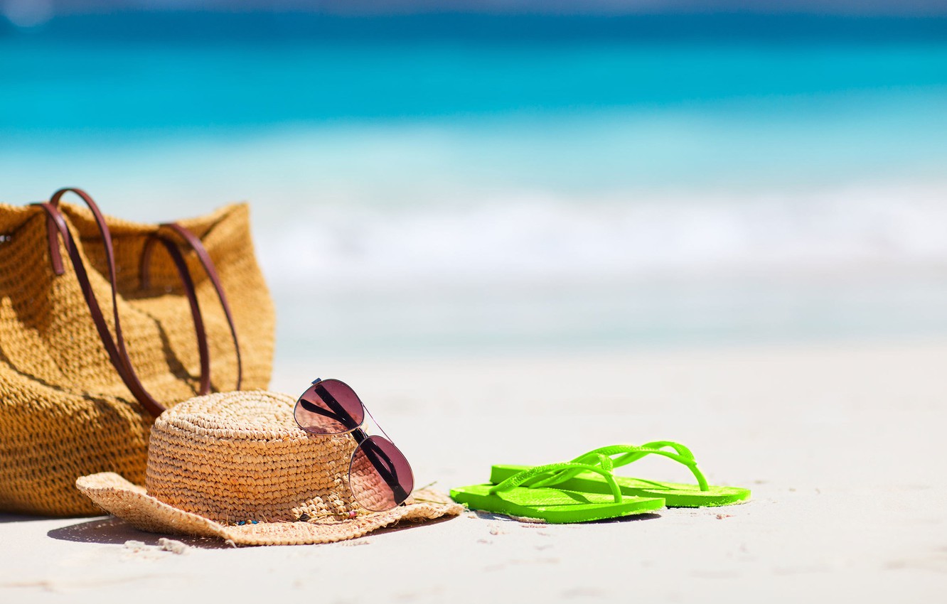 Wallpaper sand, sea, beach, summer, glasses, hat, bag, flip flops image for desktop, section разное