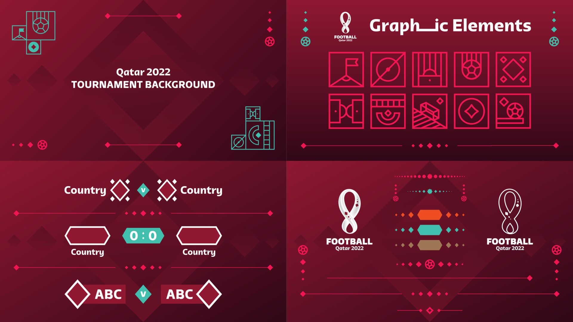 Qatar 2022 Football or Soccer Championship design elements vector set. Qatar 2022 official color background with logo. Vectors, Banners, Posters, Social Media kit, , scoreboard