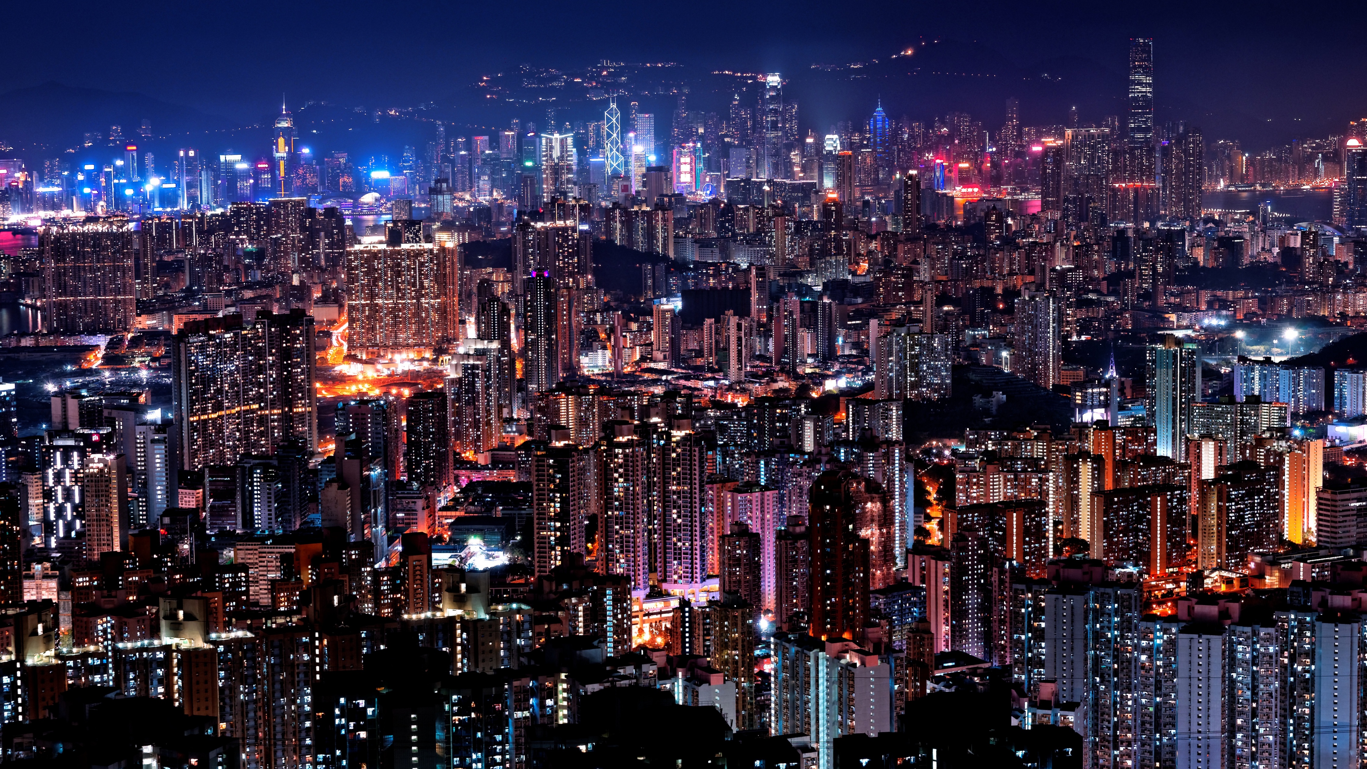 Hong Kong City Skyline Wallpaper 4K, Cityscape, City lights, Night time, Skyscrapers, World