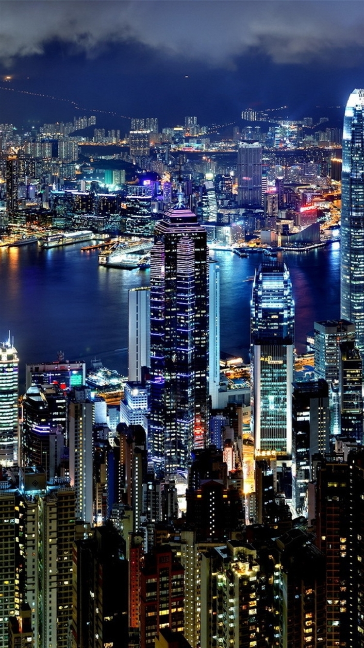 Hong Kong city night lights iPhone 8 Wallpaper Free Download