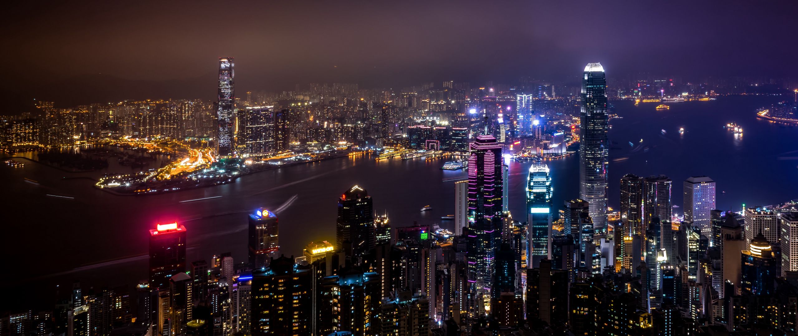 Download wallpaper 2560x1080 hong kong, china, skyscrapers, night city, city lights dual wide 1080p HD background