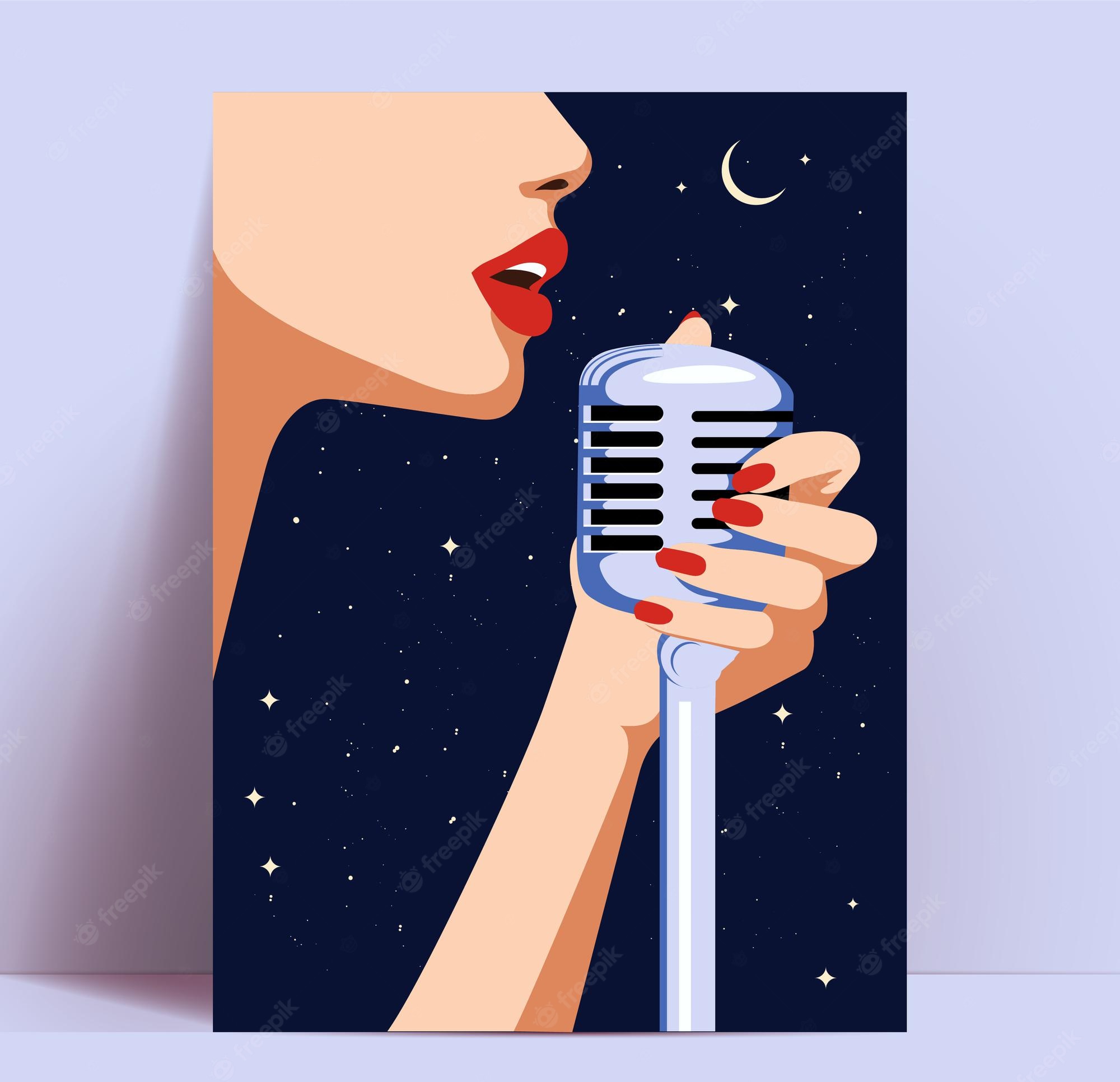 Premium Vector. Singer woman poster or flyer or live concert or karaoke party or wallpaper