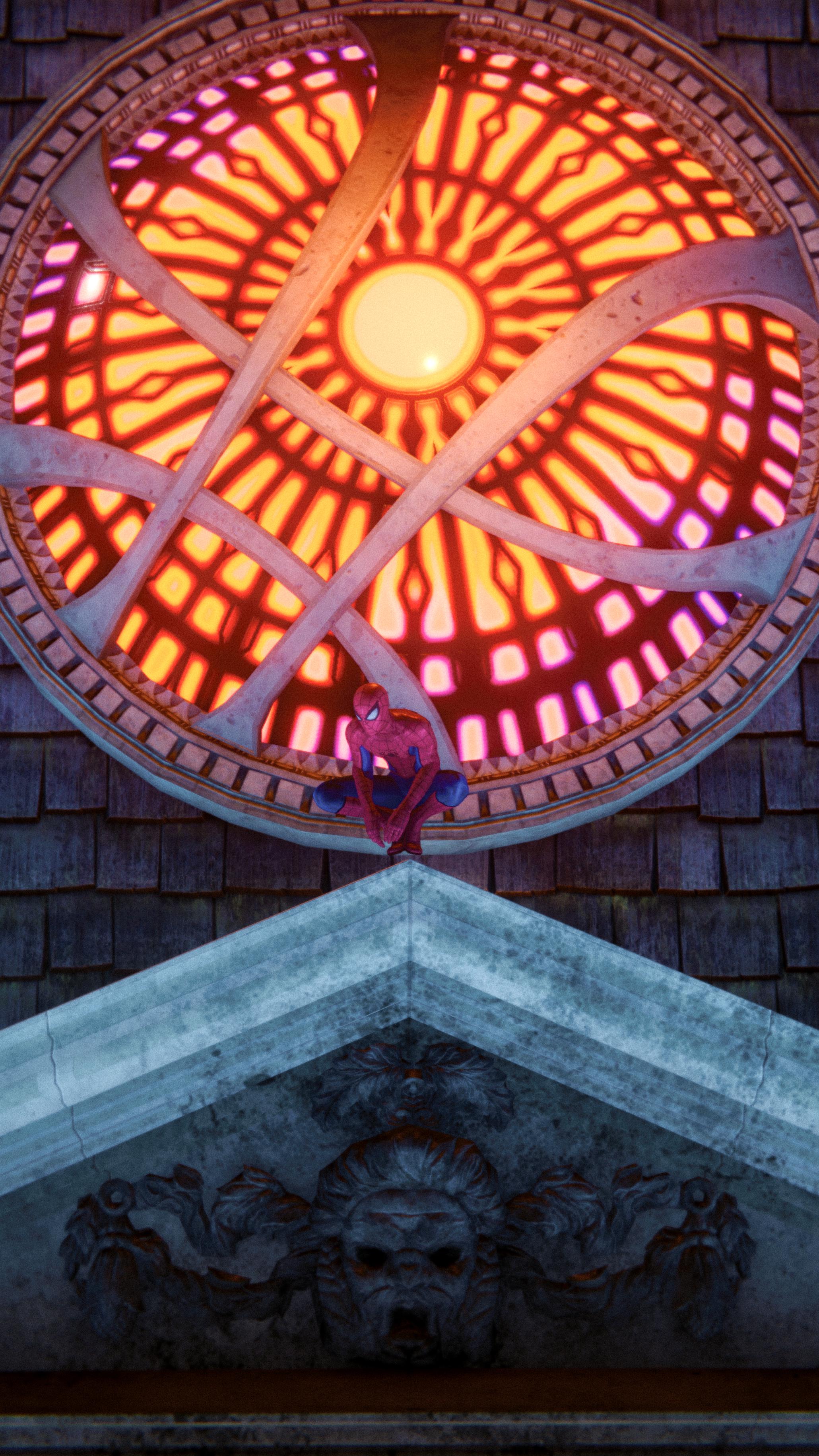 mobile wallpaper. Spiderman in front of Sanctum Sanctorum