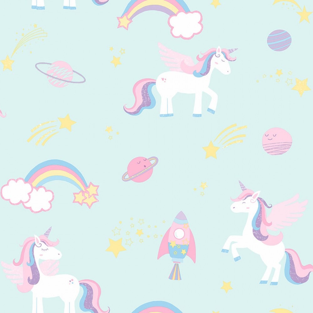 Space Unicorn Childrens Glitter wallpaper in teal. I Love Wallpaper