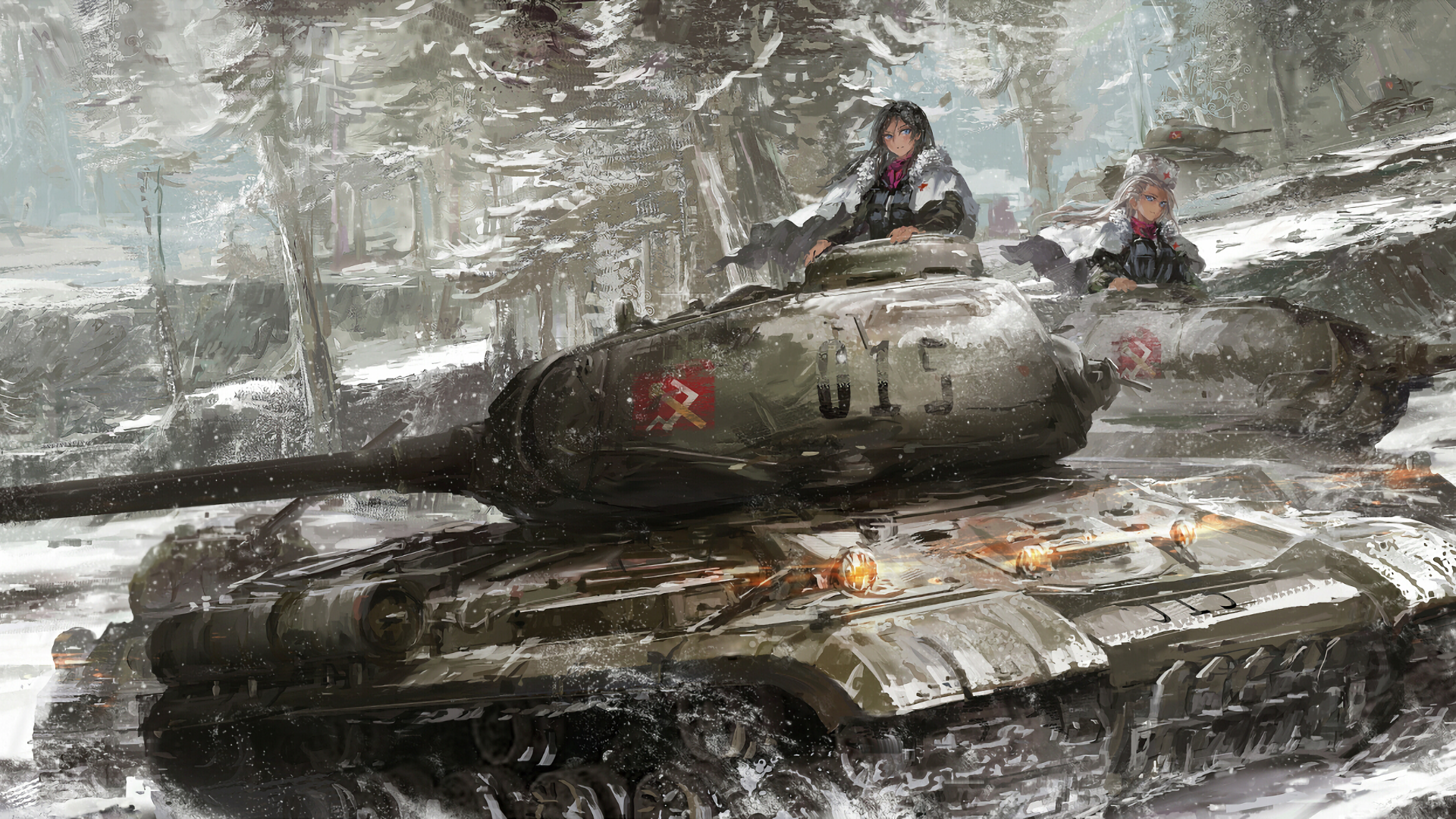 Download 1920x1080 Girls Und Panzer, Is 2, Kv 2, Klara, Nonna, Snow, Tanks, Painting, War Wallpaper For Widescreen