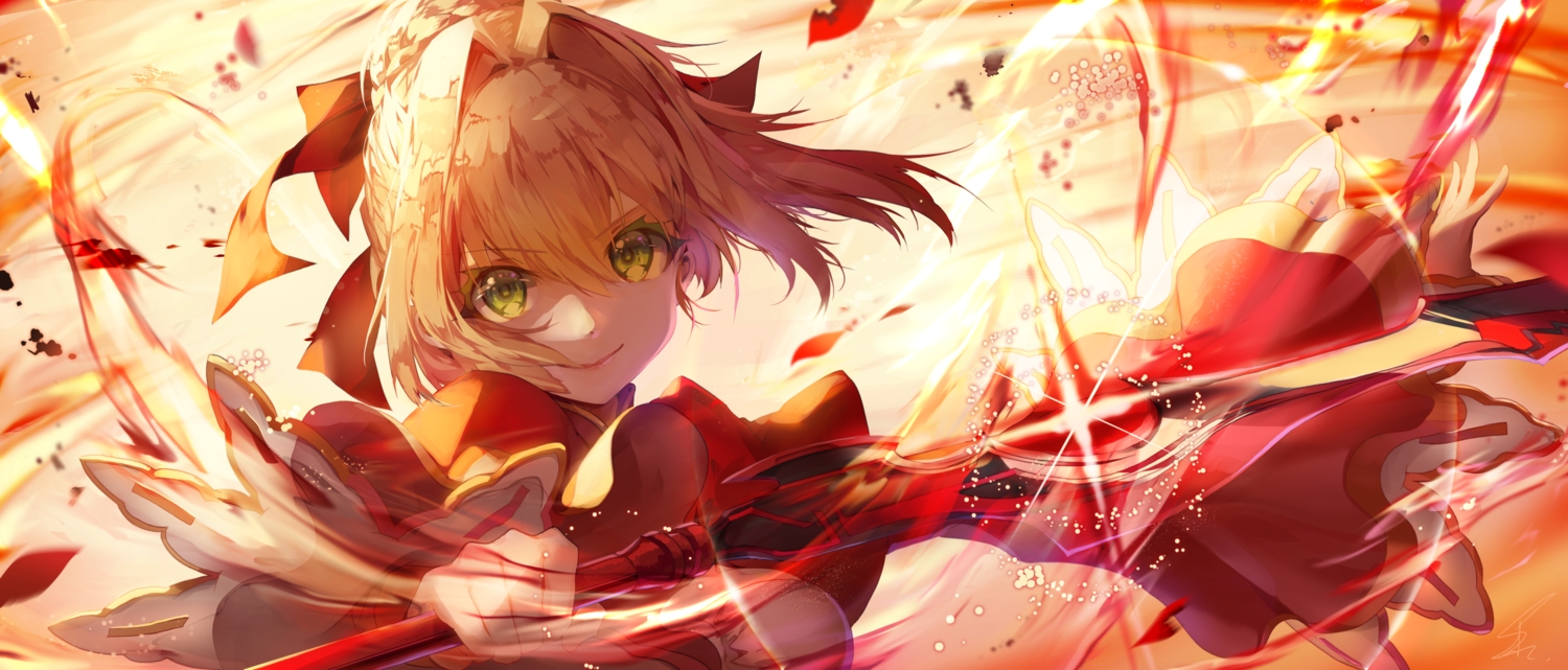 Blonde Hair Fate Extra Fate (series) Green Eyes Nero Claudius (fate) Petals Saihate Short Hair Sword Weapon. Konachan.com.com Anime Wallpaper
