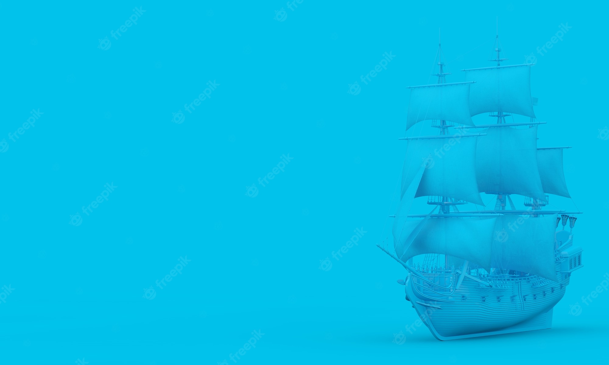 Premium Photo. Blue wooden vintage tall sailing ship, caravel, pirate ship or warship on a blue background. 3D rendering