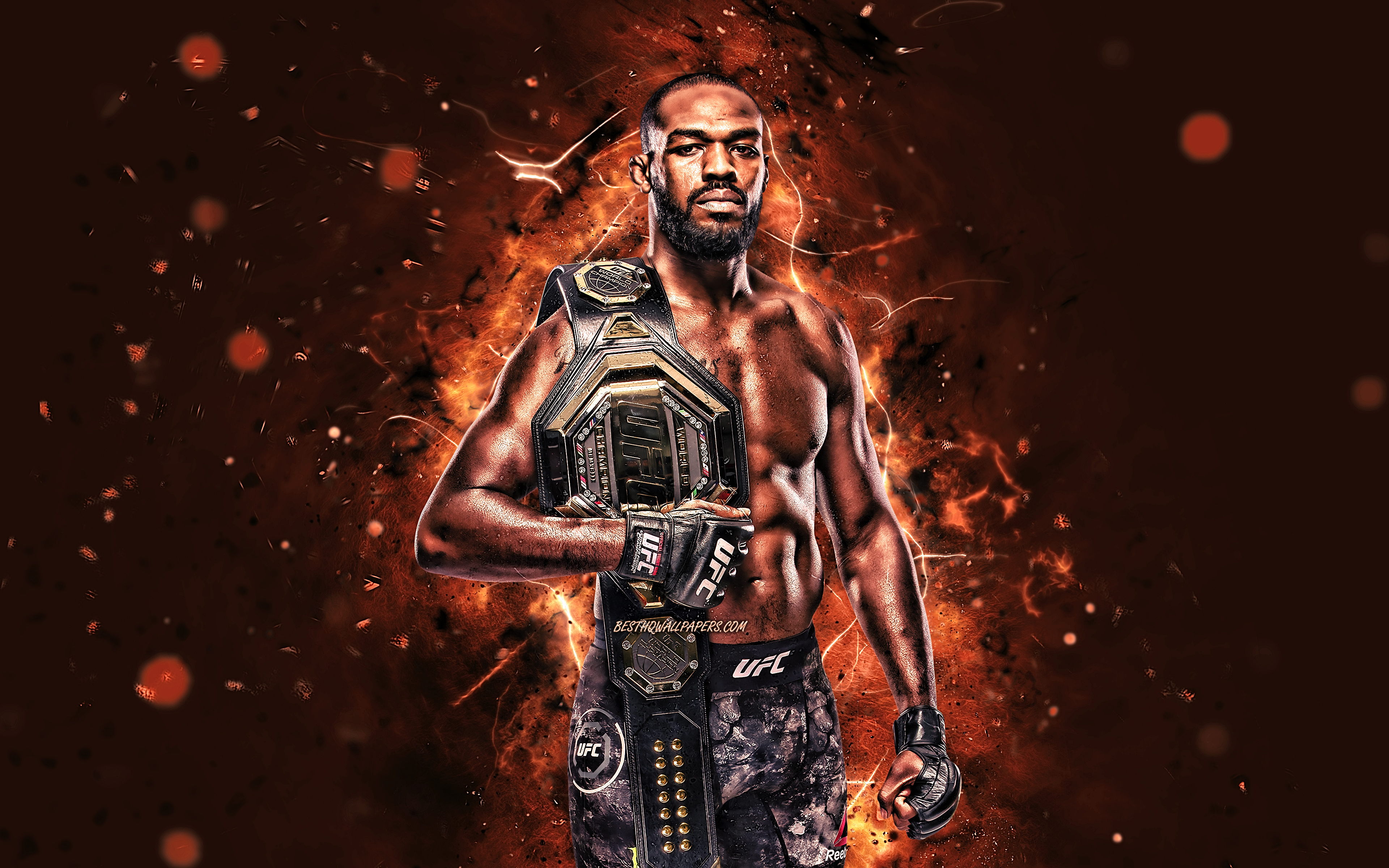 Download wallpaper Jon Jones, 4k, brown neon lights, american fighters, MMA, UFC, Mixed martial arts, Jon Jones 4K, UFC fighters, Jonathan Dwight Jones, MMA fighters for desktop with resolution 3840x2400. High Quality