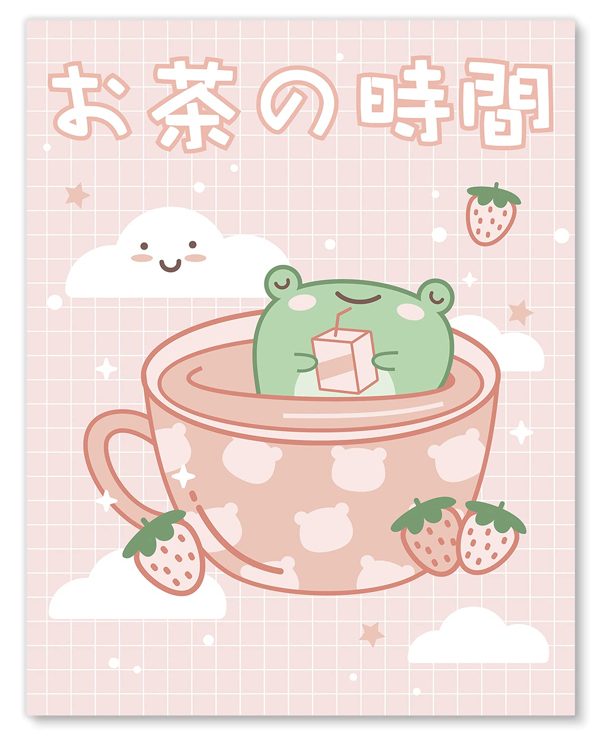 Frog Tea Cup Wall Art Print -Tea Time in Japanese Kanji Strawberry Pink Kawaii Room Decor Aesthetic, Handmade Products