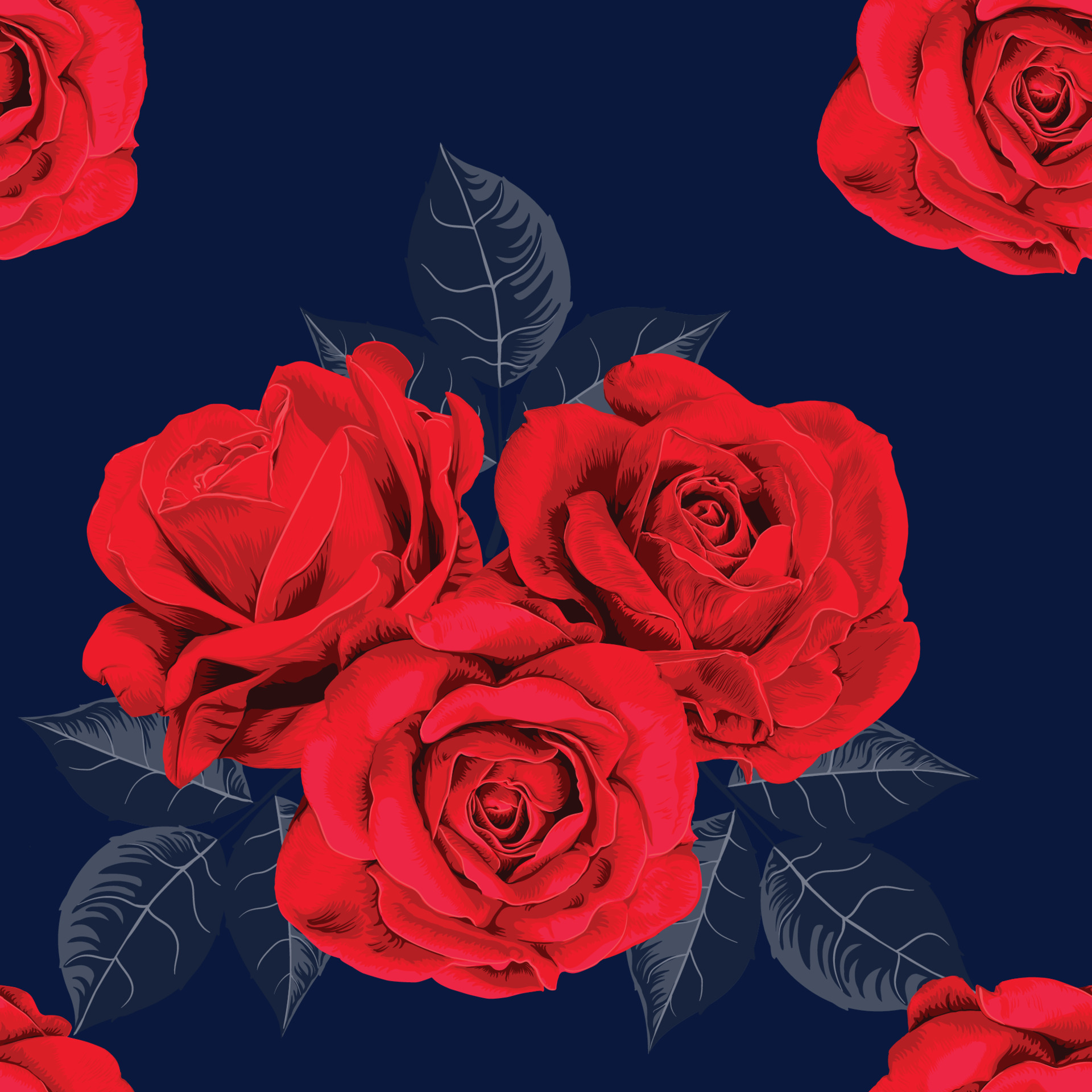 Seamless pattern red rose flowers vintage abstract dark blue background.Vector illustration drawing watercolor style.For used wallpaper design, textile fabric or wrapping paper