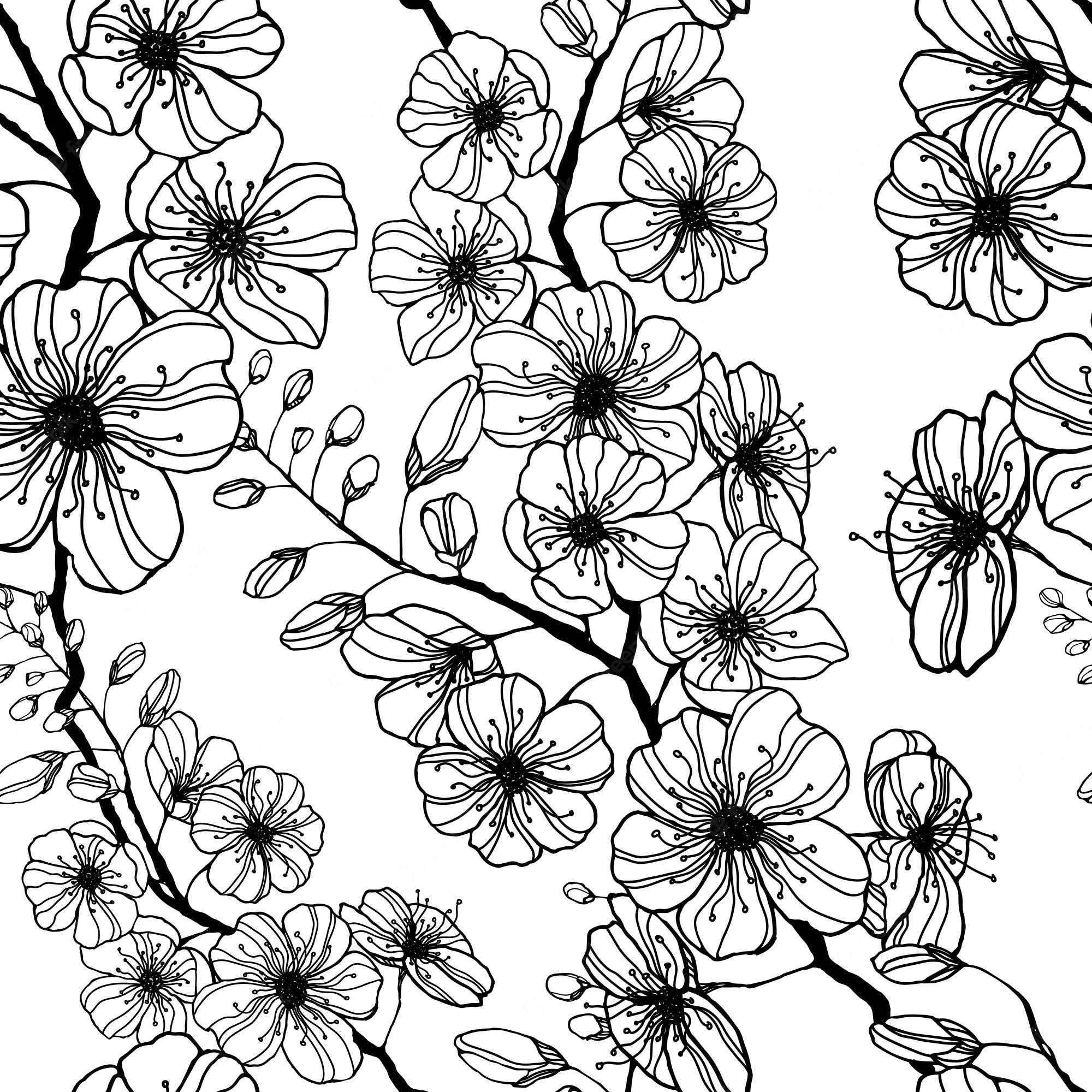 Premium Vector. Stock vector seamless pattern with handdrawn black sakura branch ink illustration silhouette blooming cherry decorating japanese spring holiday wrapping stationery bedline wallpaper and fabric