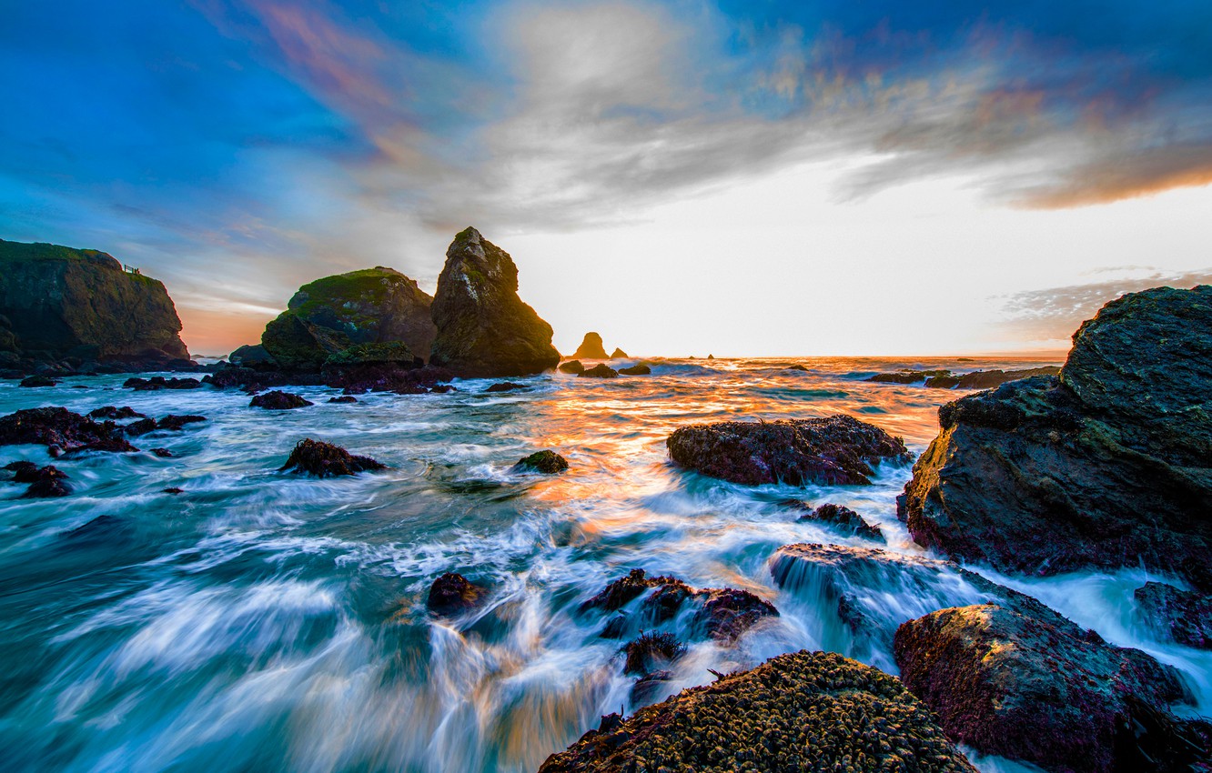 Wallpaper sunset, stones, the ocean, rocks, CA, Pacific Ocean, California, The Pacific ocean, Trinity, Trinidad, Luffenholtz Beach image for desktop, section пейзажи