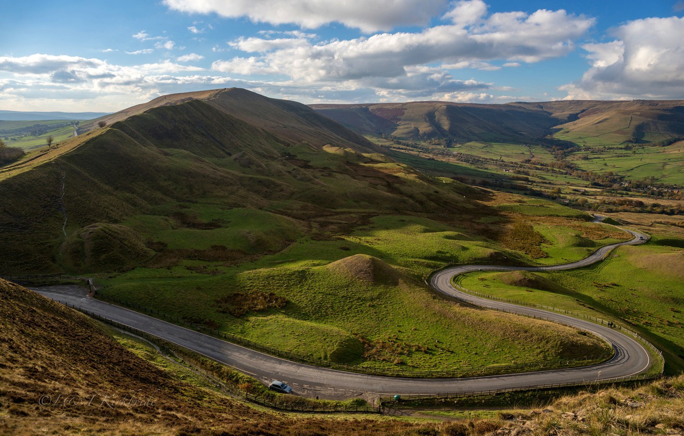 Wallpaper road, the sky, the sun, clouds, hills, landscape, field, England, panorama, the view from the top, Derbyshire image for desktop, section пейзажи