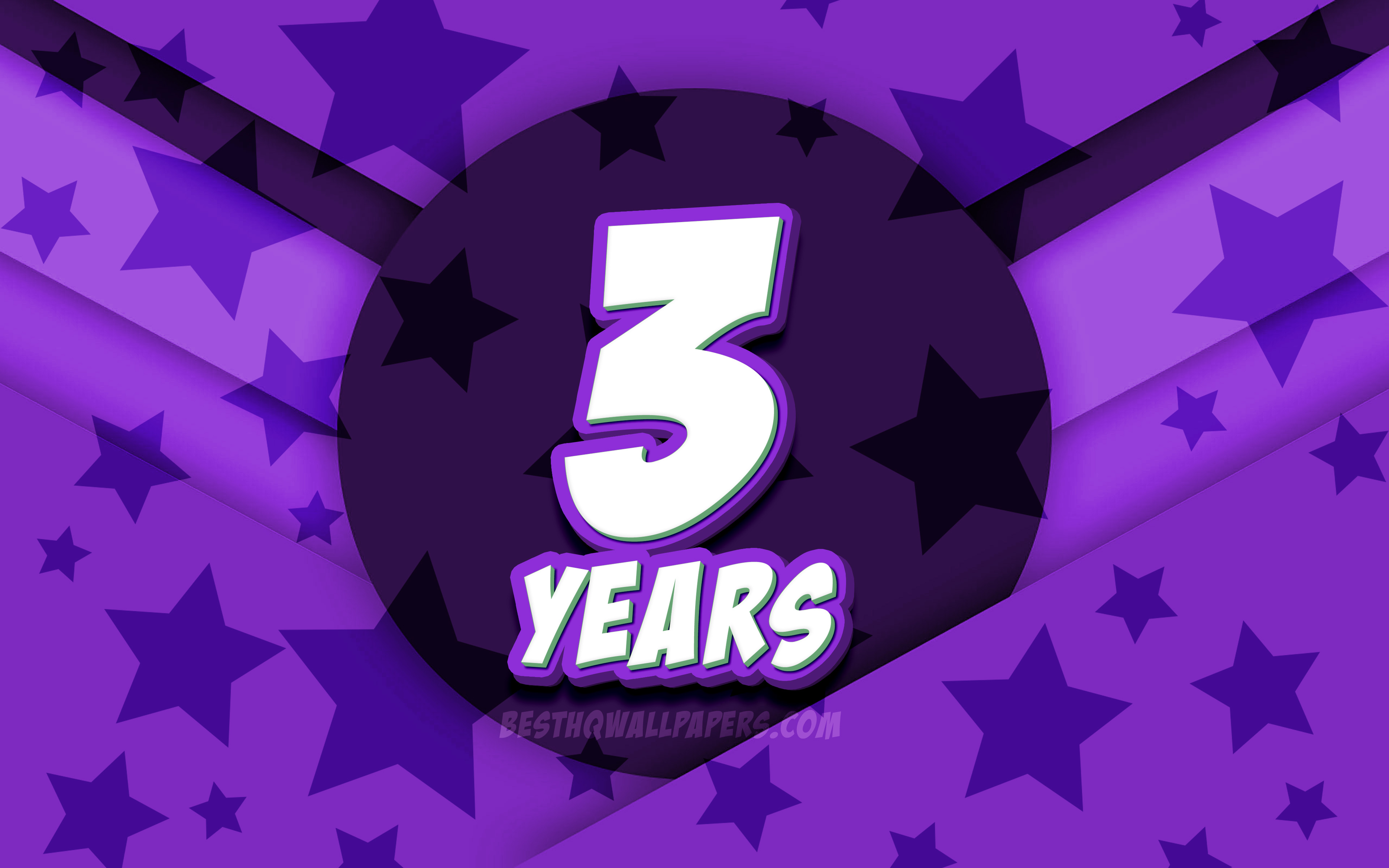 Download wallpaper 4k, Happy 3 Years Birthday, comic 3D letters, Birthday Party, violet stars background, Happy 3rd birthday, 3rd Birthday Party, artwork, Birthday concept, 3rd Birthday for desktop with resolution 3840x2400. High