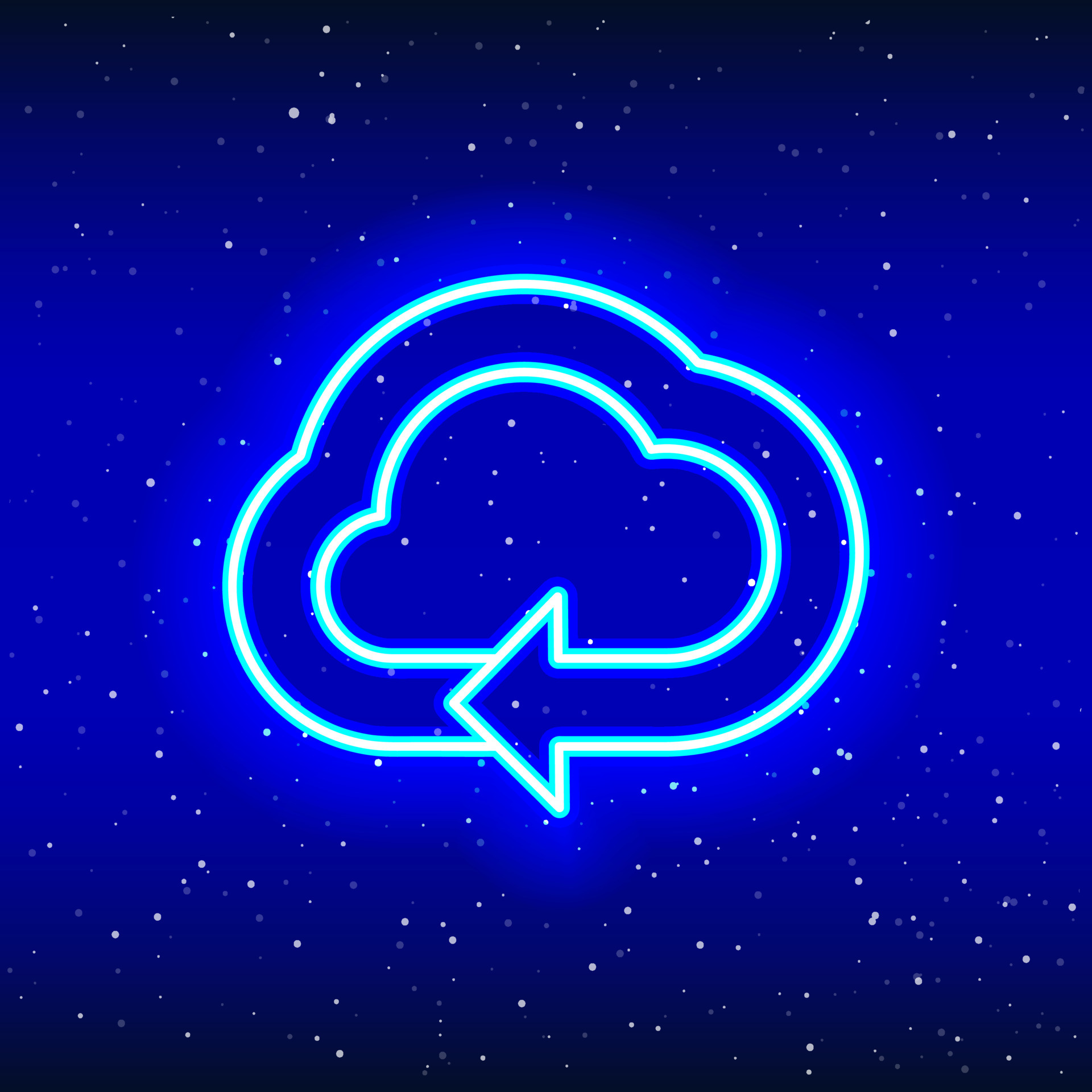 Neon linear design of moving arrow in cloud. neon cloud. Cloud at the marker arrow. Weather in space with neon. Unique and realistic neon icon. Linear icon on blue background. Vector
