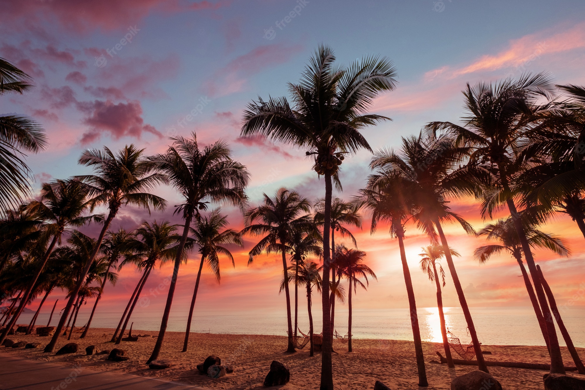 Premium Photo. Exotic tropical beach landscape for background or wallpaper. sundown beach scene for travel inspirational, summer holiday and vacation concept for tourism relaxing