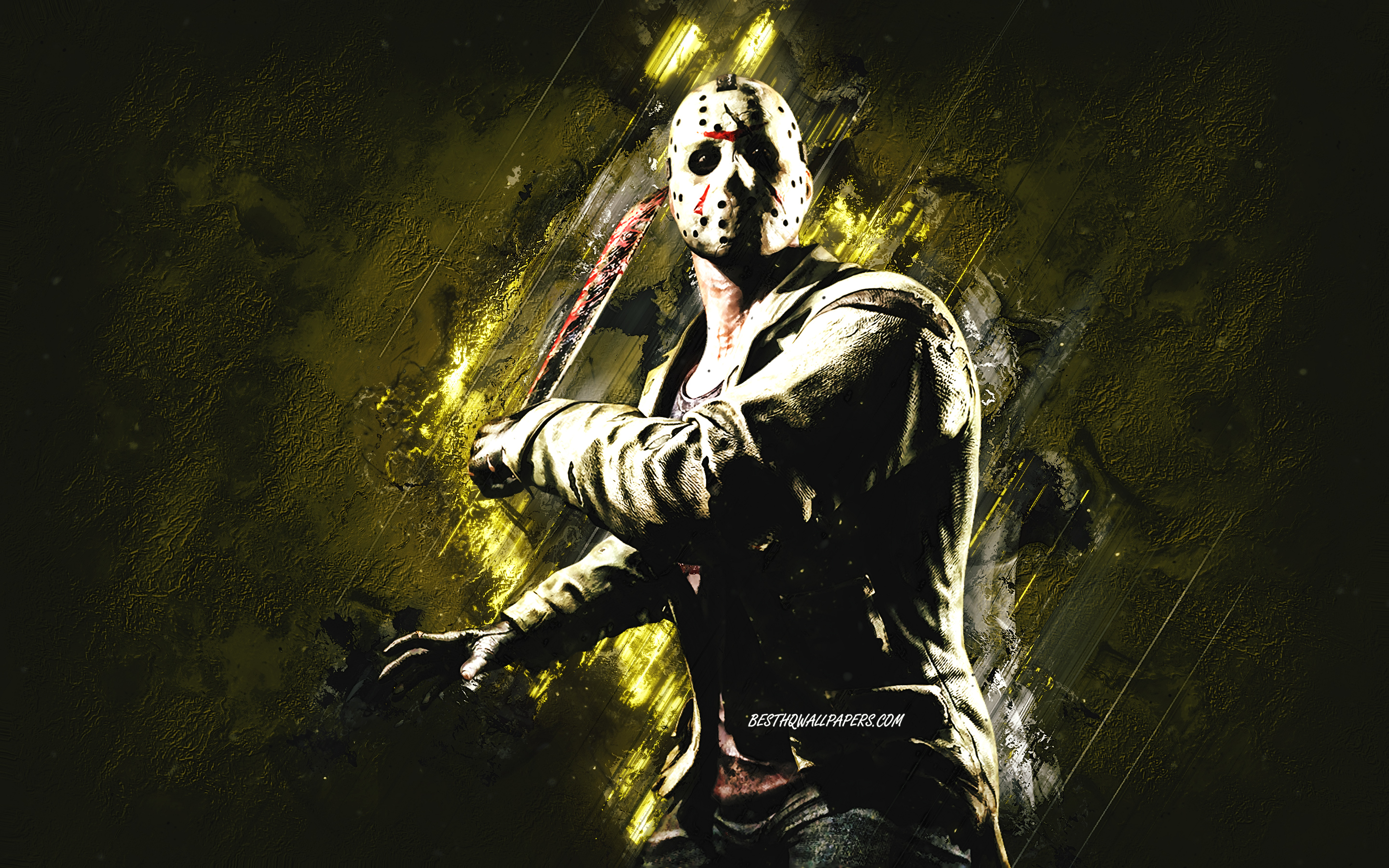 Download wallpaper Jason Voorhees, Mortal Kombat, yellow stone background, Mortal Kombat Jason Voorhees grunge art, Mortal Kombat characters, Jason Voorhees character for desktop with resolution 2880x1800. High Quality HD picture wallpaper