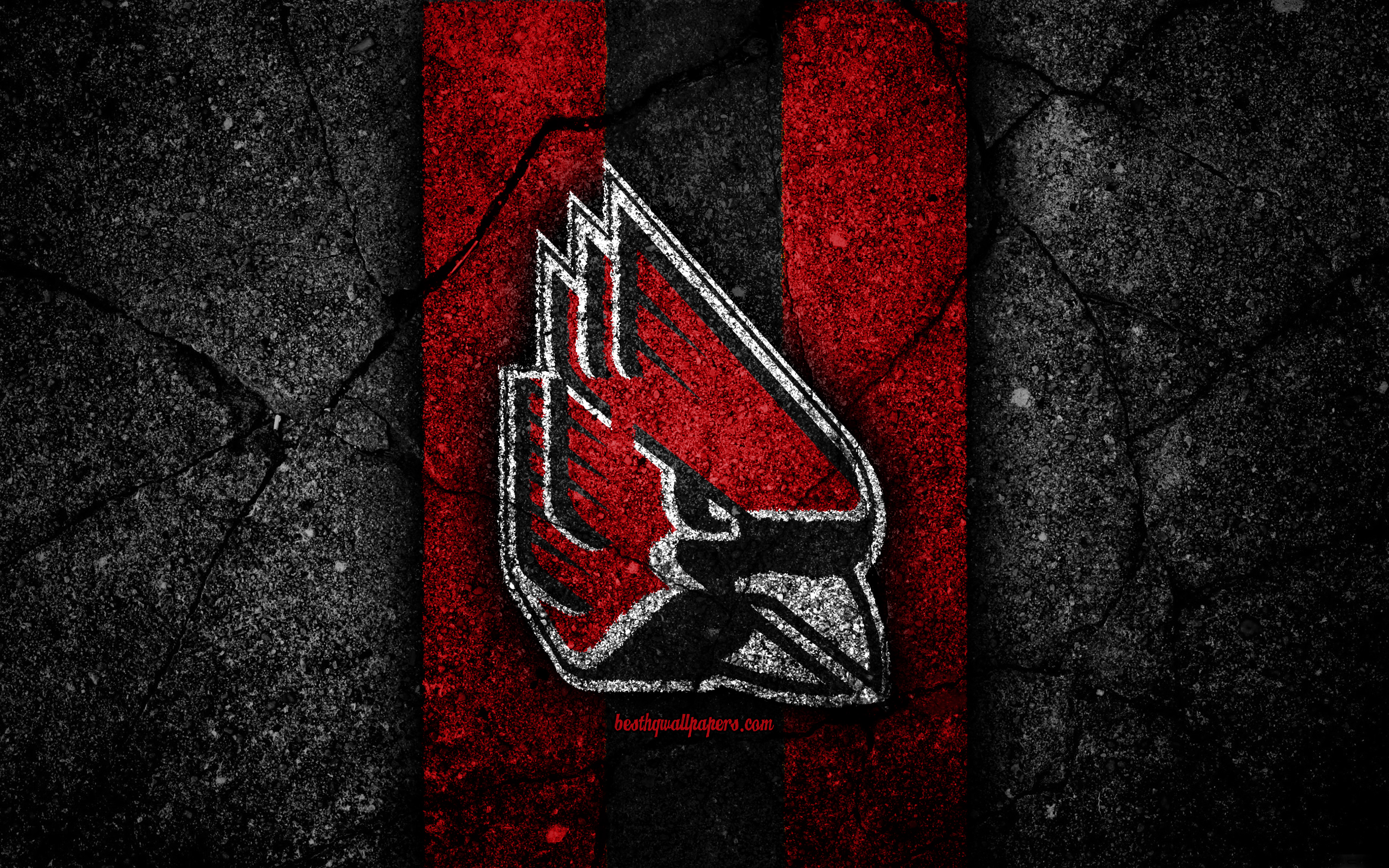 Download wallpaper Ball State Cardinals, 4k, american football team, NCAA, red black stone, USA, asphalt texture, american football, Ball State Cardinals logo for desktop with resolution 3840x2400. High Quality HD picture wallpaper