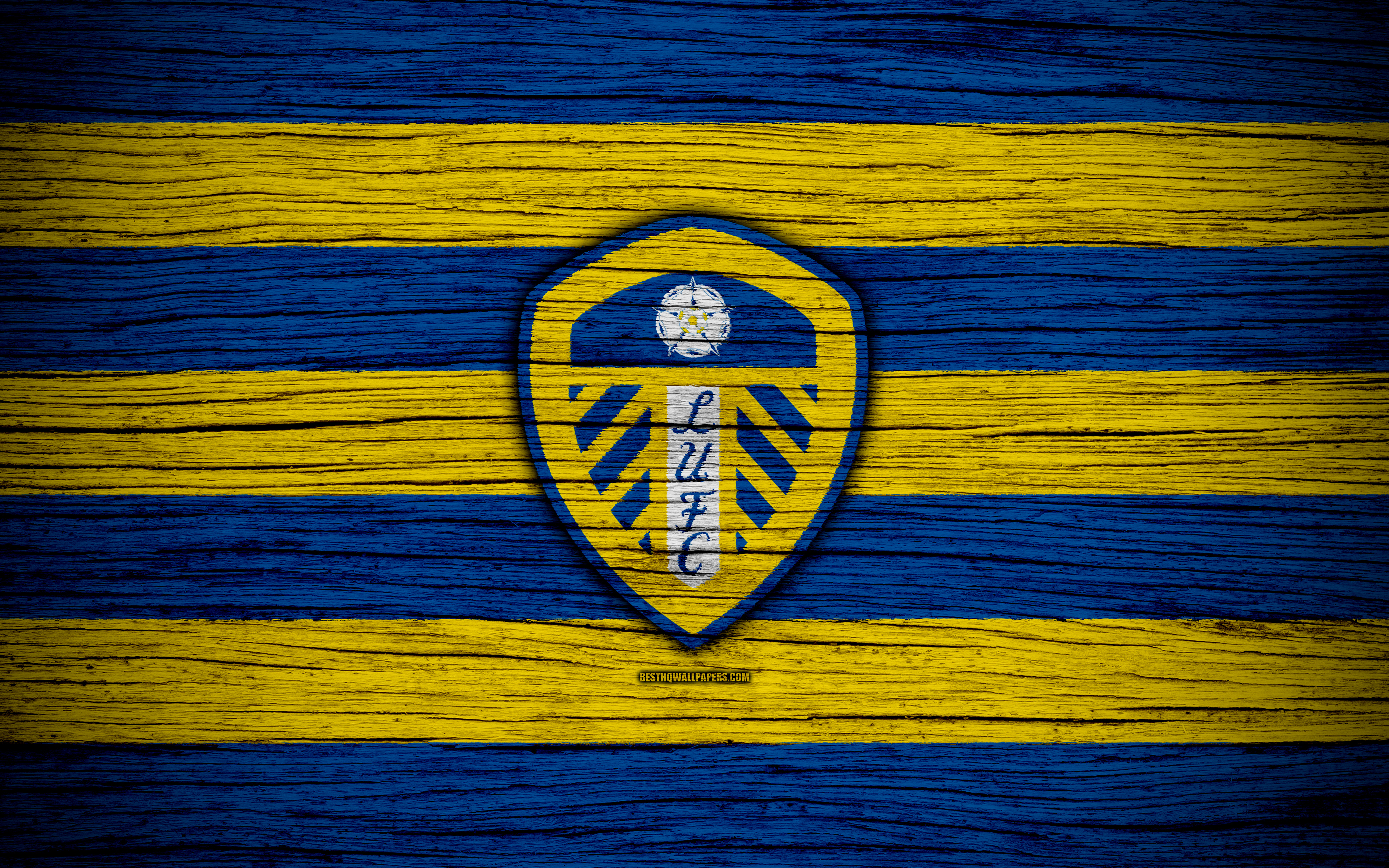 Download wallpaper Leeds United FC, 4k, EFL Championship, soccer, football club, England, Leeds United, logo, wooden texture, FC Leeds United for desktop with resolution 3840x2400. High Quality HD picture wallpaper