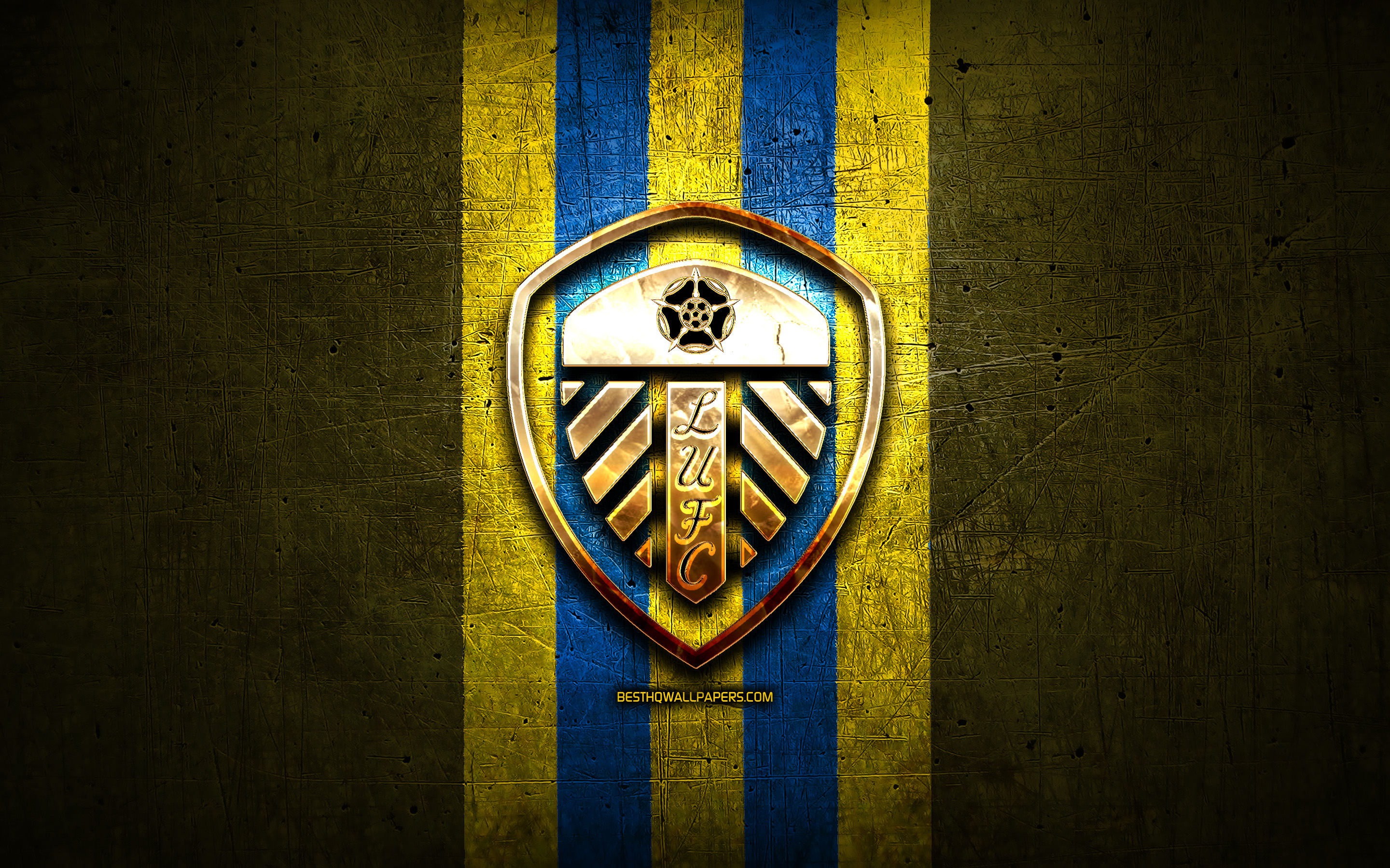 Download wallpaper Leeds United FC, golden logo, EFL Championship, yellow metal background, football, Leeds United, english football club, Leeds United logo, soccer, England for desktop with resolution 2880x1800. High Quality HD picture