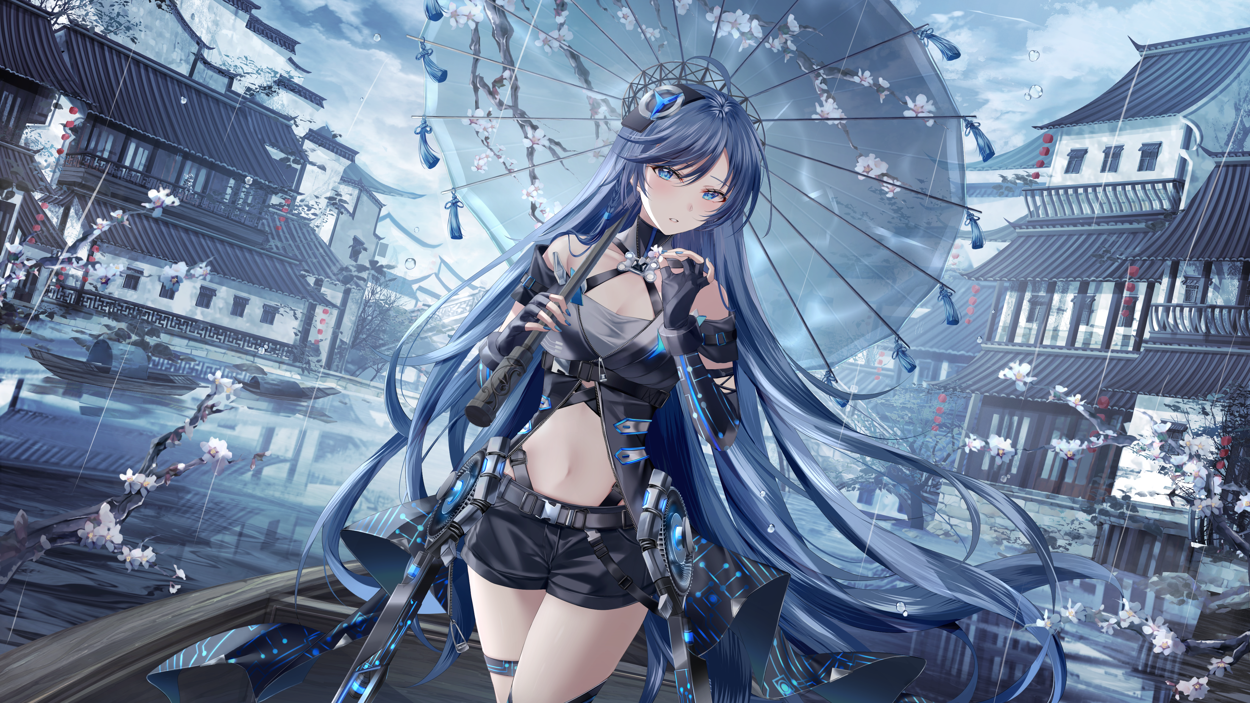 Blue Haired Anime Girl With Umbrella Ultra HD Wallpaper