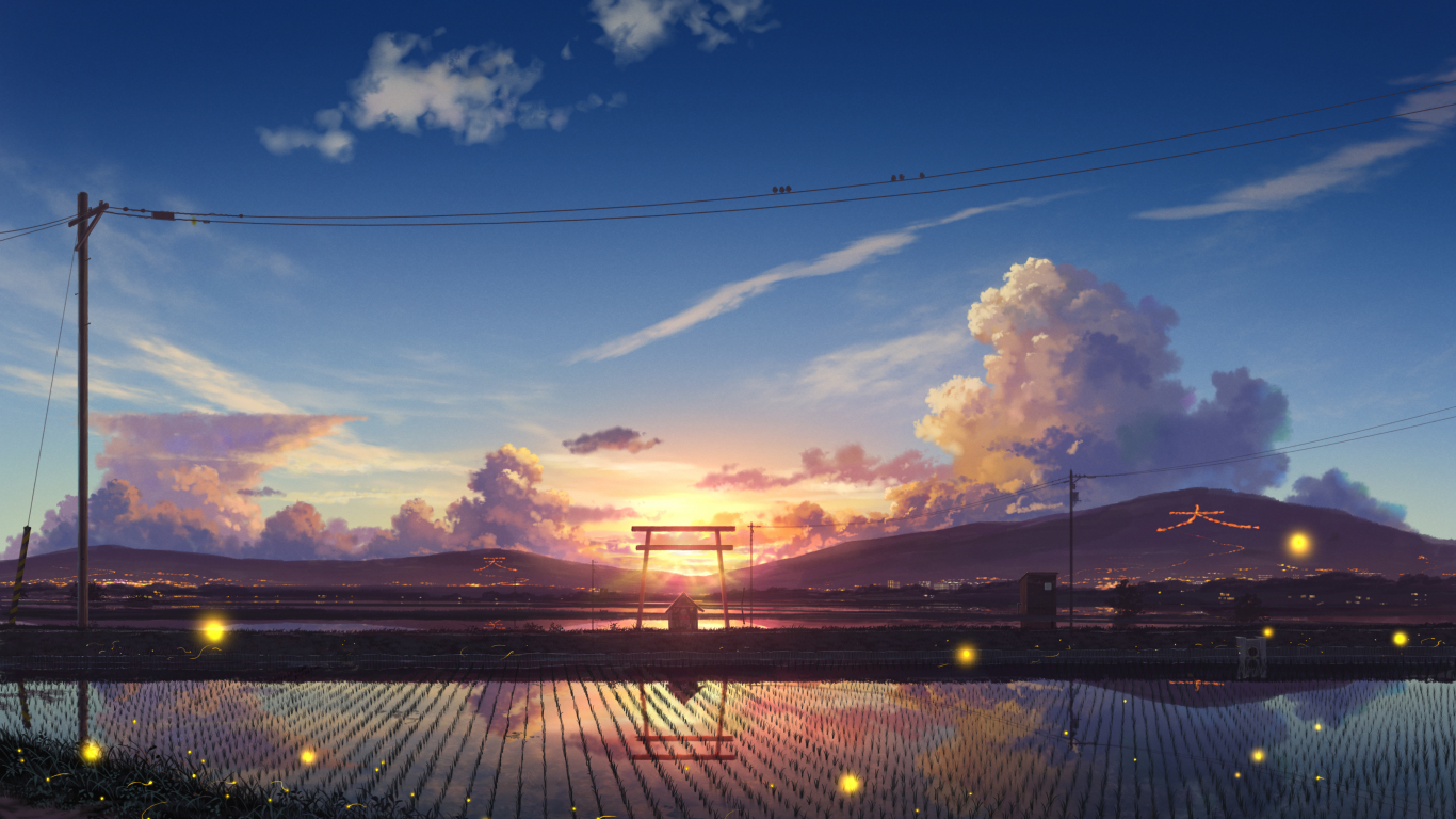 Farms landscape village sunset anime wallpaper background