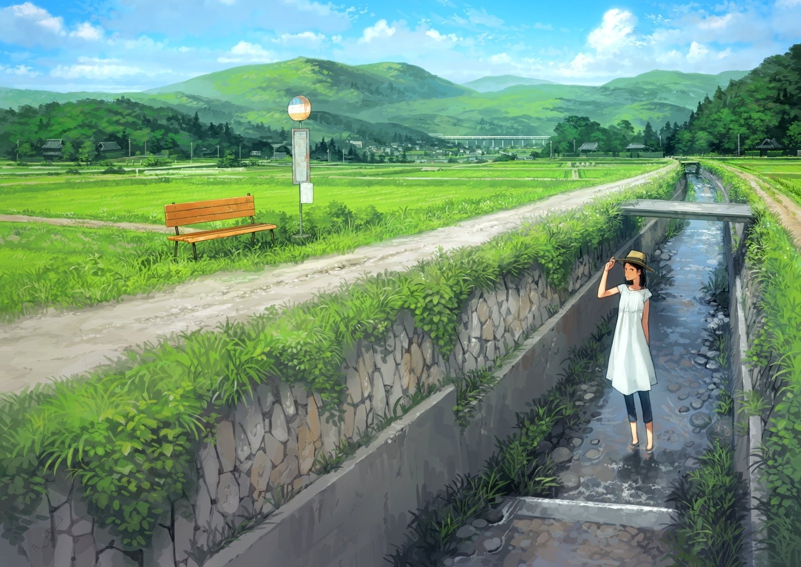 Anime Landscape Field Grass Village Road Stream wallpaperx1132