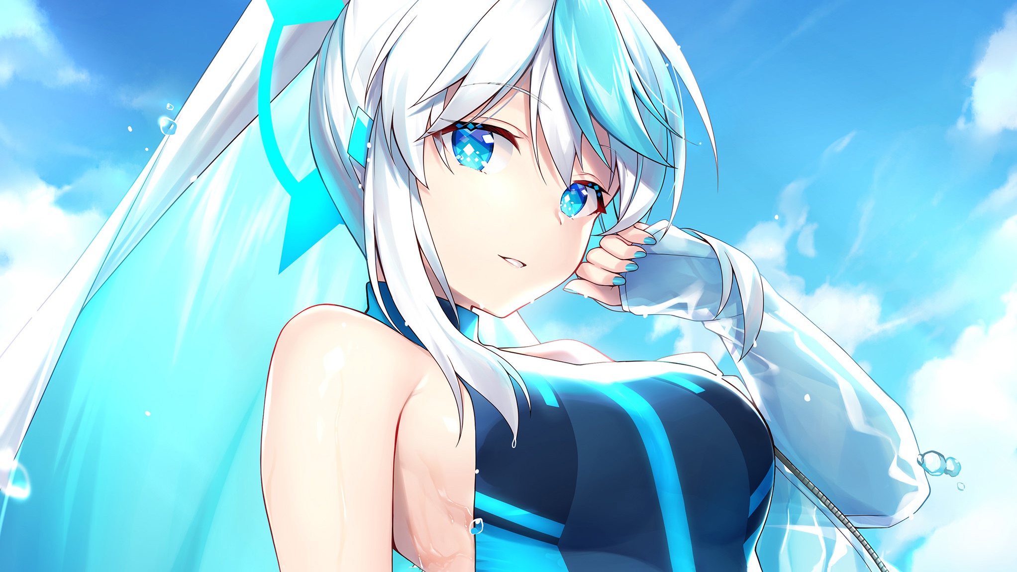 Download wallpaper girl, blue eyes, swimsuit, sky blue, white hair, beuatiful, section art in resolution 2044x1150