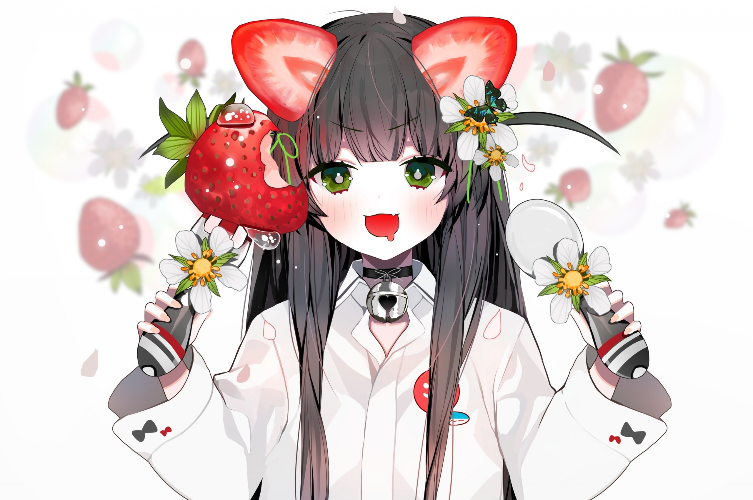 Download 2560x1700 Cute Anime Girl, Green Eyes, Strawberries, Shirt, Fang, Loli Wallpaper for Chromebook Pixel