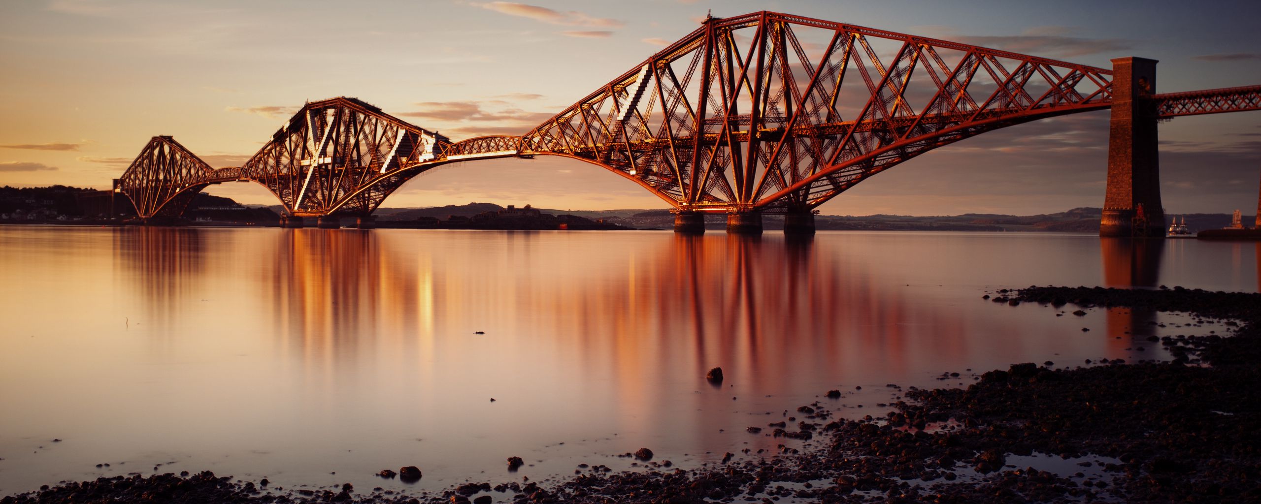 Download wallpaper 2560x1024 bay, railway bridge, sunset, fort bridge, scotland ultrawide monitor HD background