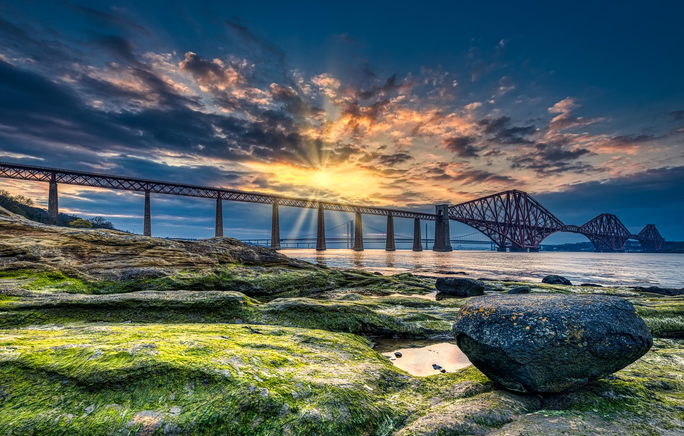 Wallpaper sunset, bridge, coast, stone, Scotland, Bay, Scotland, Forth Bridge, Fort Bridge, The Bay of the Firth of Fort, Firth of Forth image for desktop, section пейзажи