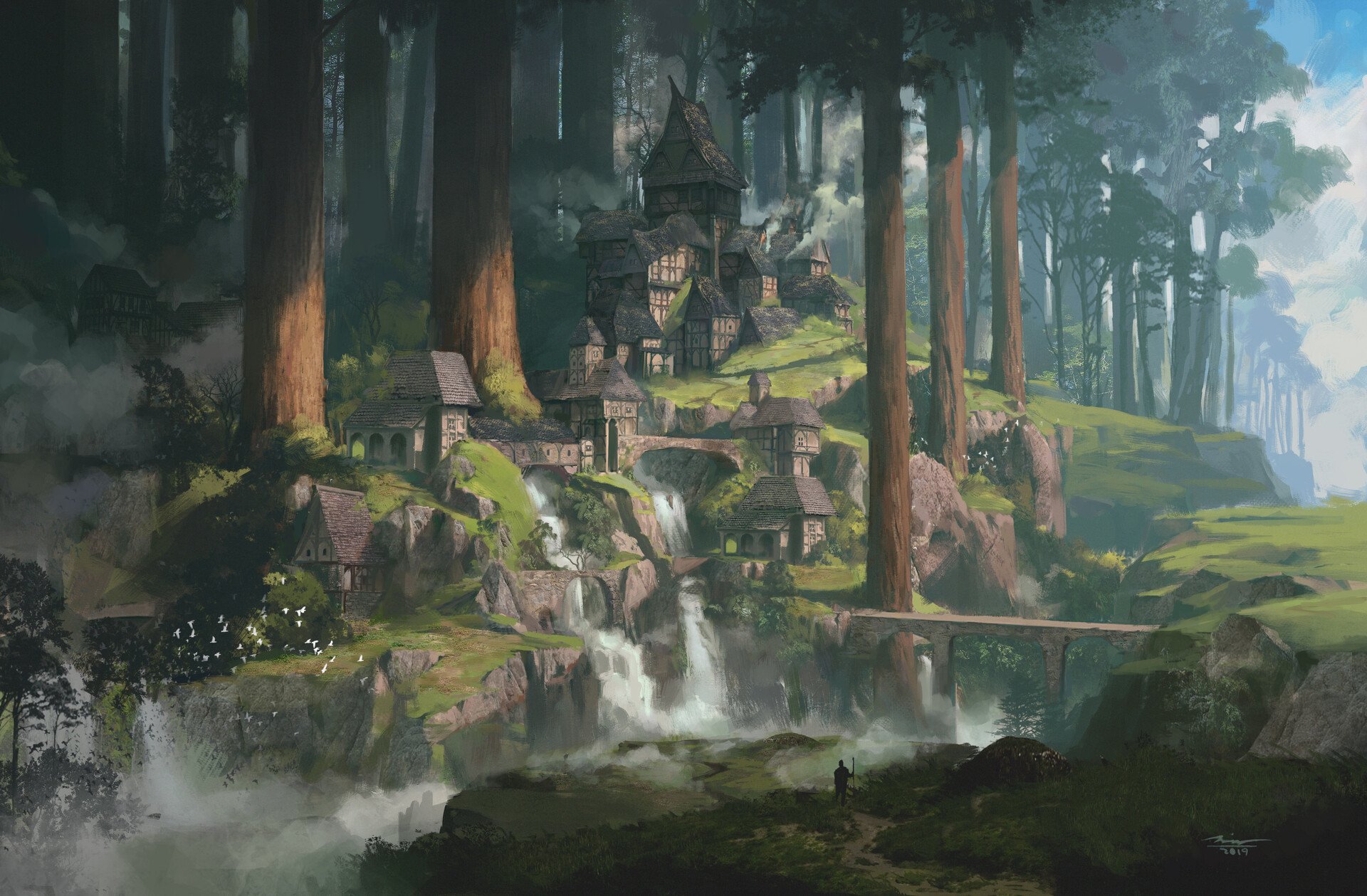 Crop Fantasy City Wallpaper for Free, Waterfall, Forest, Artwork, Bridge, Trees, Village HD Background