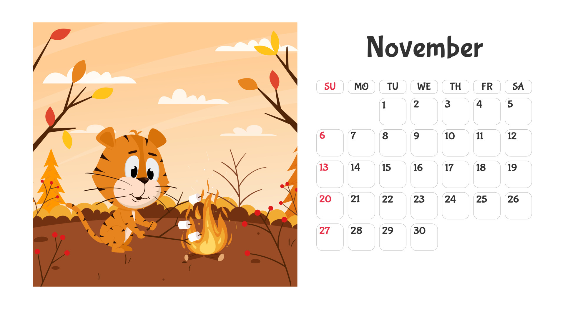 Horizontal desktop calendar page template for November 2022 with a cartoon Chinese year symbol. The week starts on Sunday. Tiger roasts marshmallows on fire 6602064 Vector Art at Vecteezy