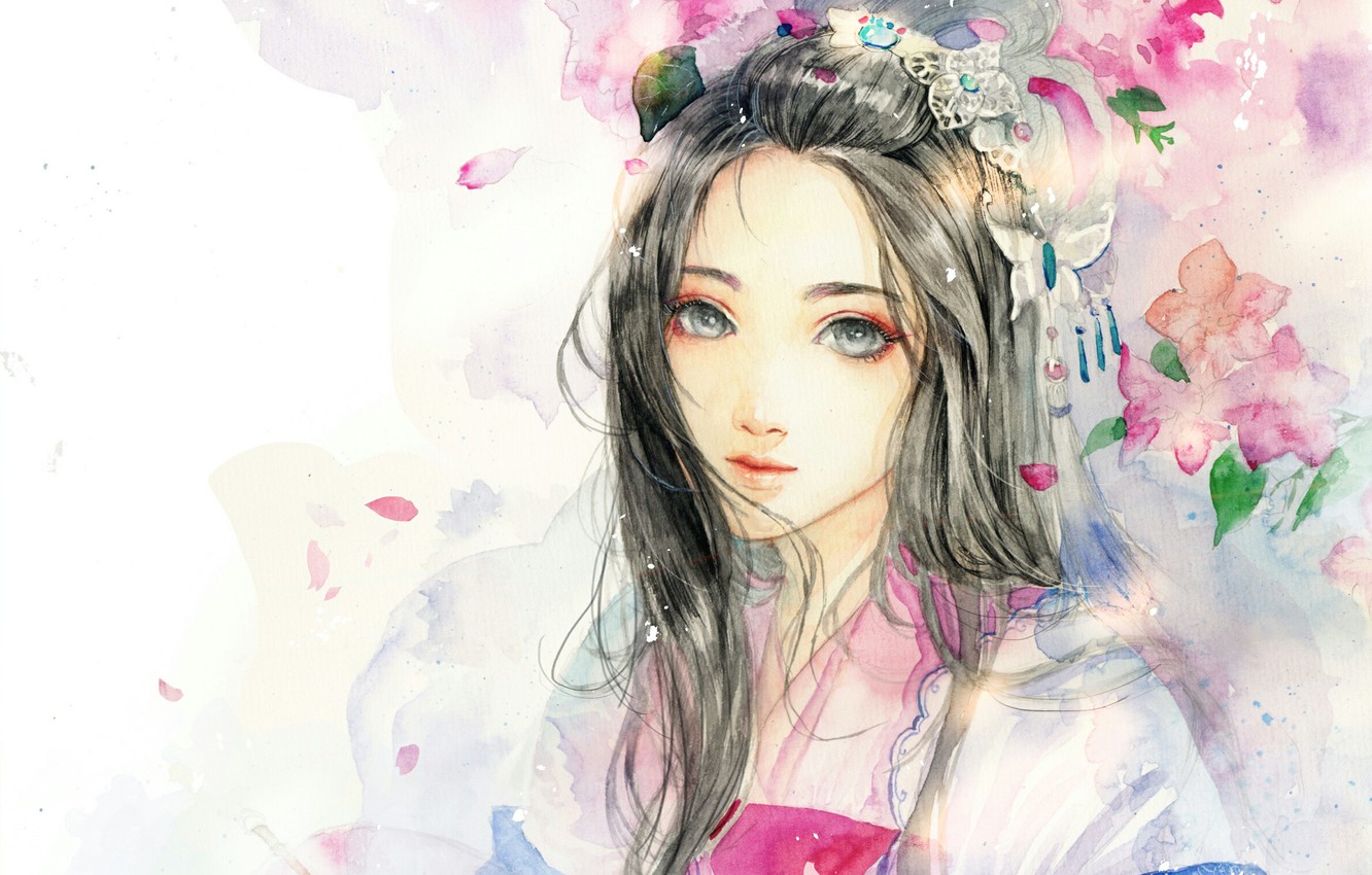 Wallpaper girl, flowers, art, watercolor, sinvia image for desktop, section живопись
