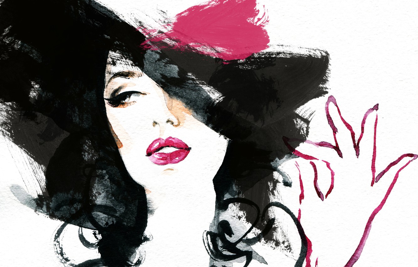 Wallpaper eyes, girl, face, hand, picture, brunette, watercolor, lips, image, hat, painting, Wallpaper from lolita777 image for desktop, section живопись
