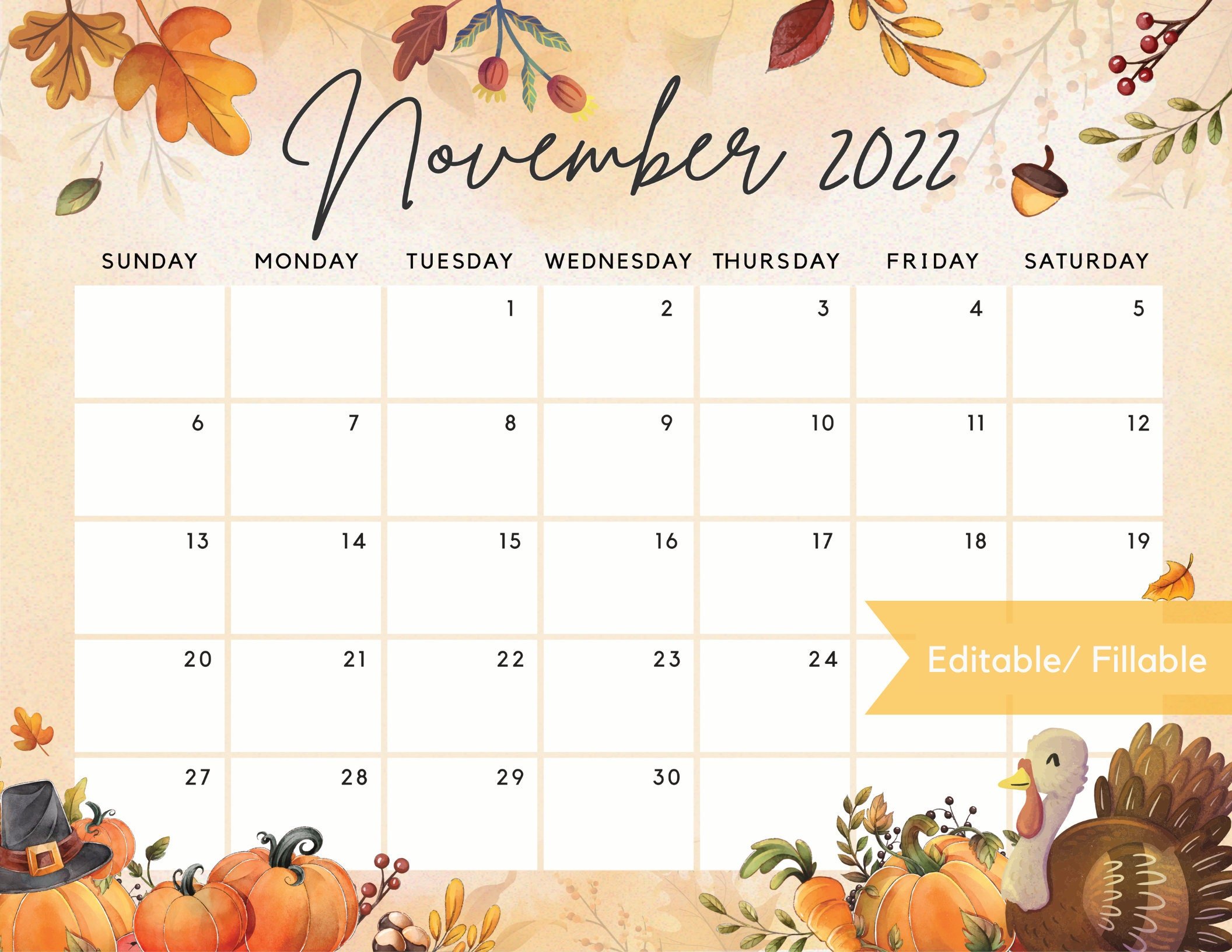 Editable November 2022 Calendar Thanksgiving Day Printable