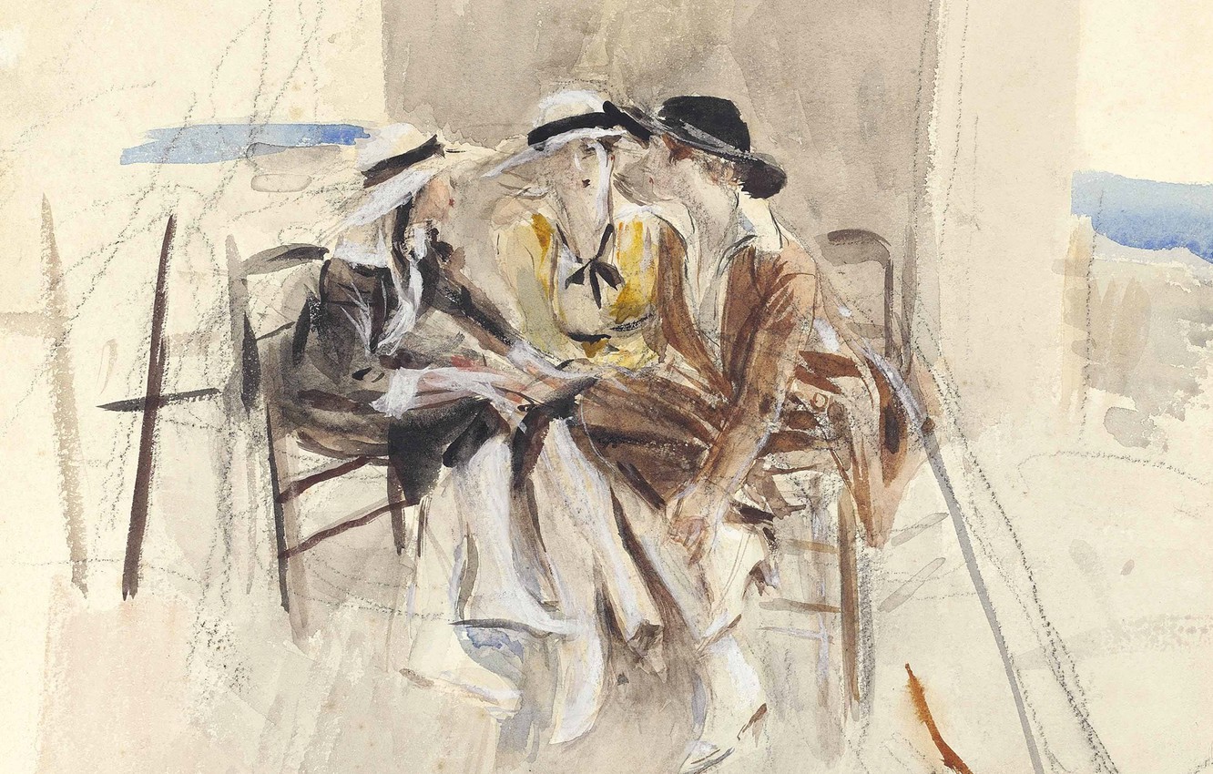 Wallpaper picture, watercolor, genre, Giovanni Boldini, Three Women Talking on the Terrace image for desktop, section живопись