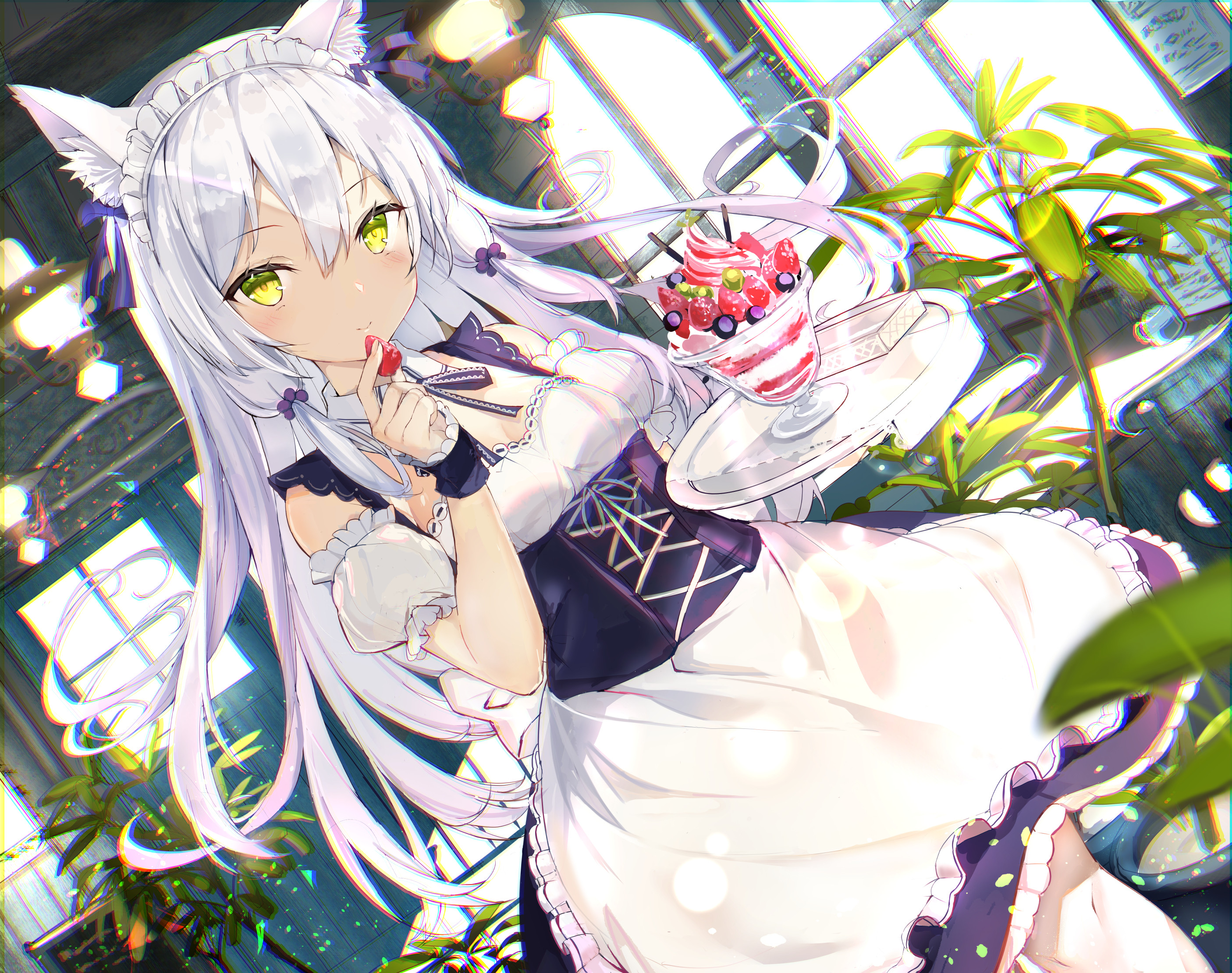 Crop Anime Maid Girl Wallpaper for Free, White Hair, Animal Ears, Long Hair, Headdress, Smile, Nekomimi, Cake, Dessert HD Background