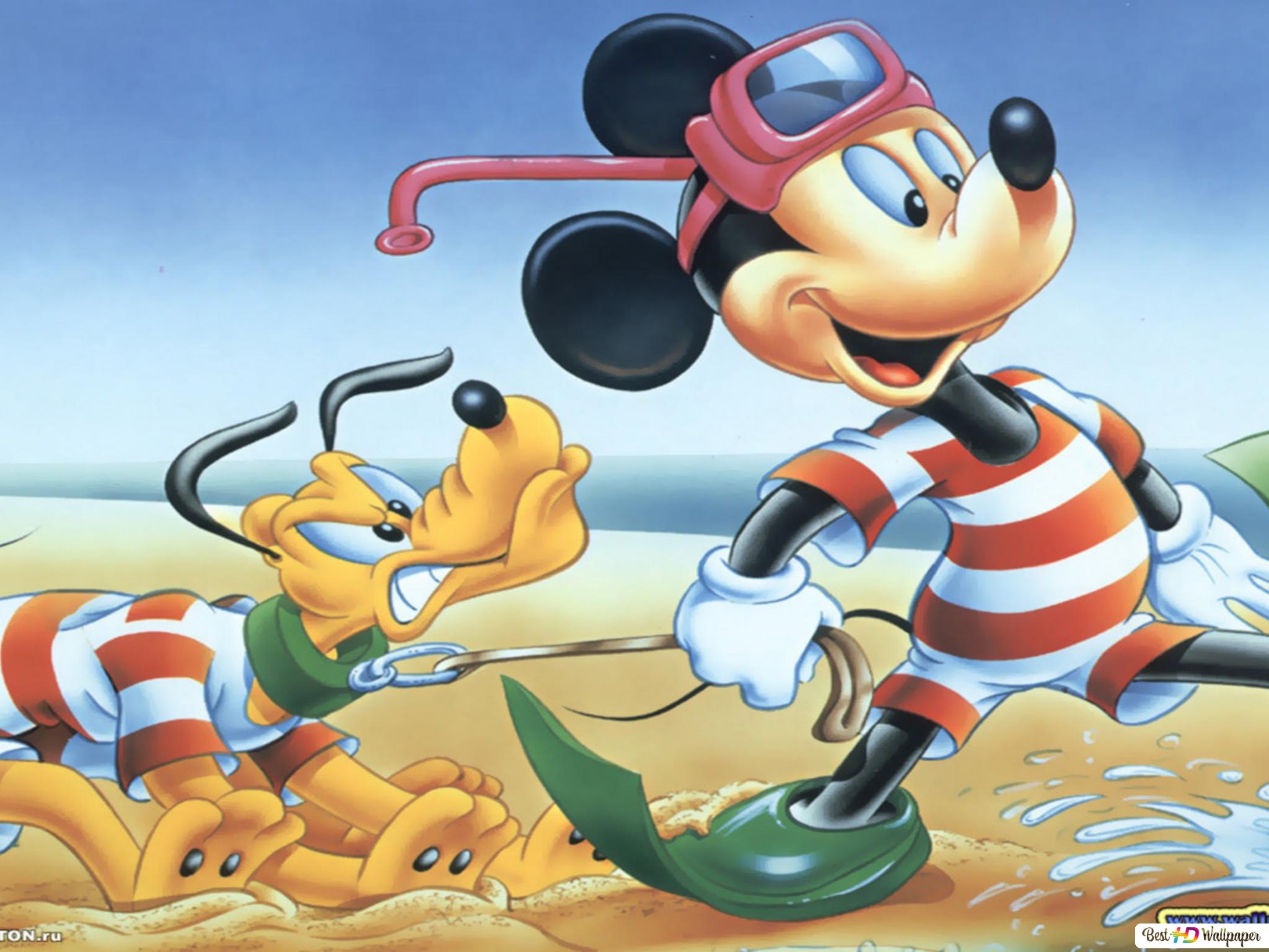 Disney mickey mouse and pluto disney characters sea beach bathing HD wallpaper download