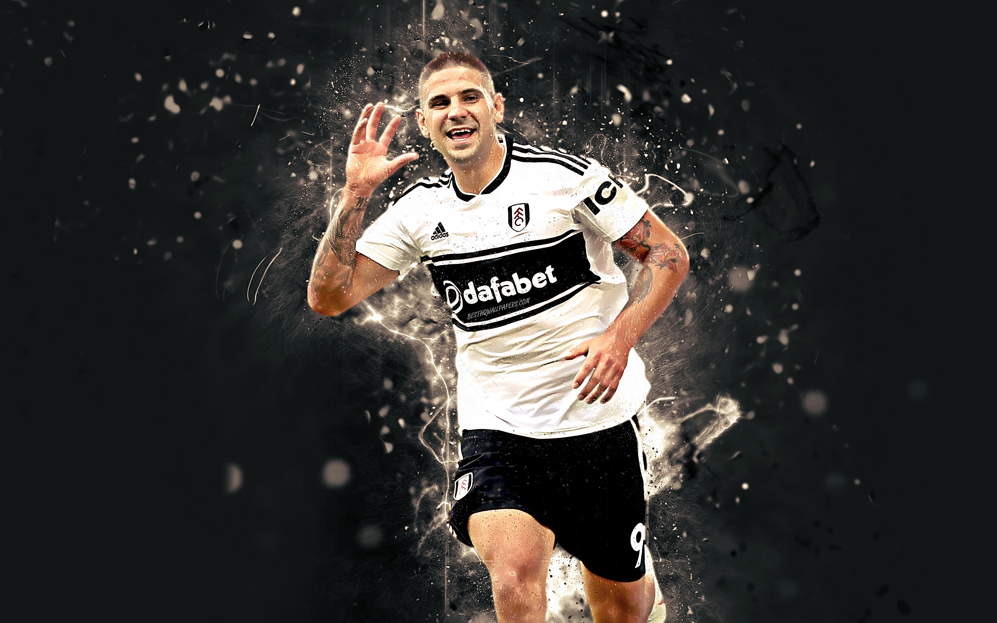 Download wallpaper Aleksandar Mitrovic, 4k, abstract art, football, Fulham, soccer, Mitrovic, Premier League, footballers, neon lights, Serbian footballer, Fulham FC for desktop with resolution 3840x2400. High Quality HD picture wallpaper
